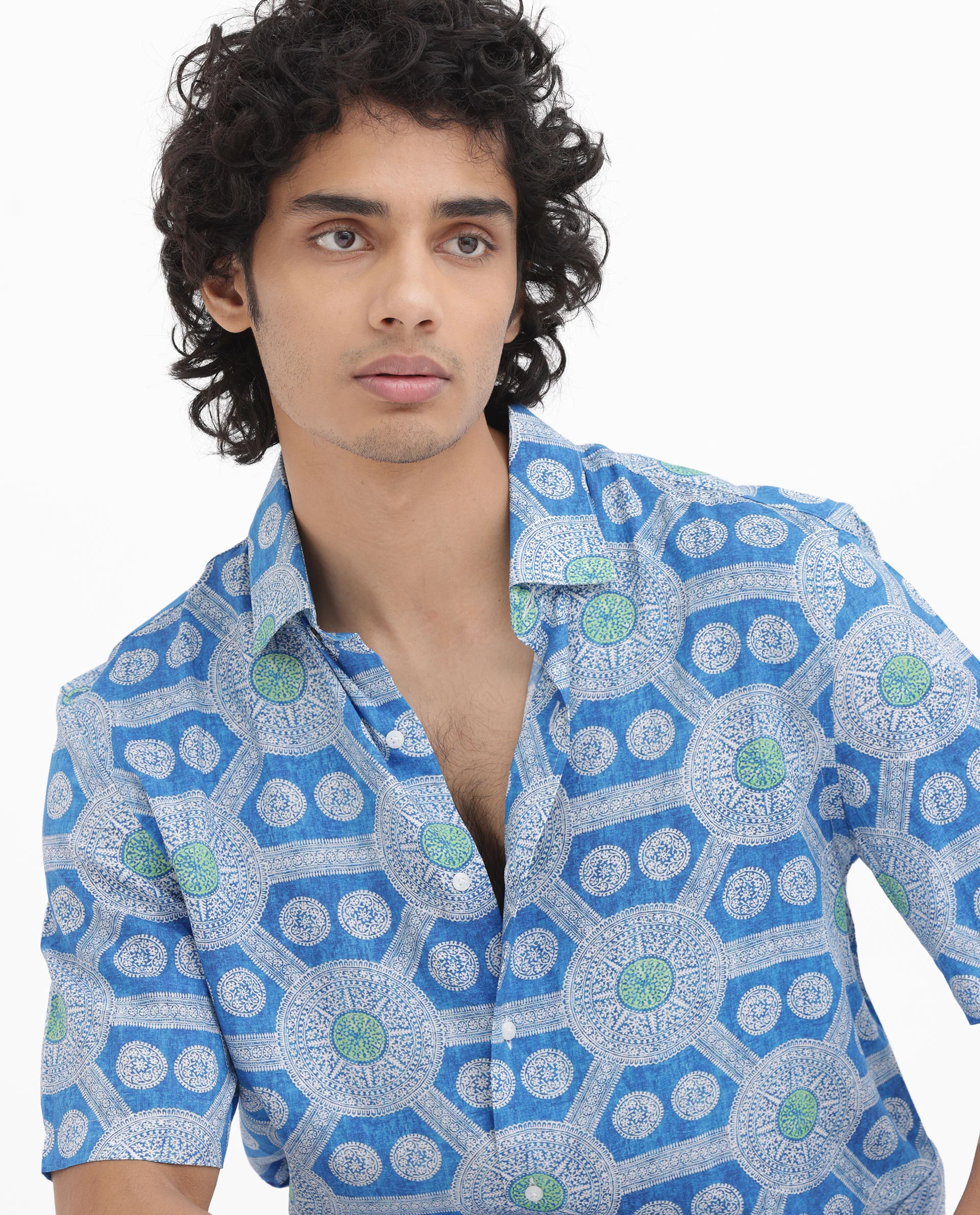 Rare Rabbit Men's Tofiel Blue Viscose Geometric Print Boxy Fit Half Sleeve Collared Shirt - Image 2