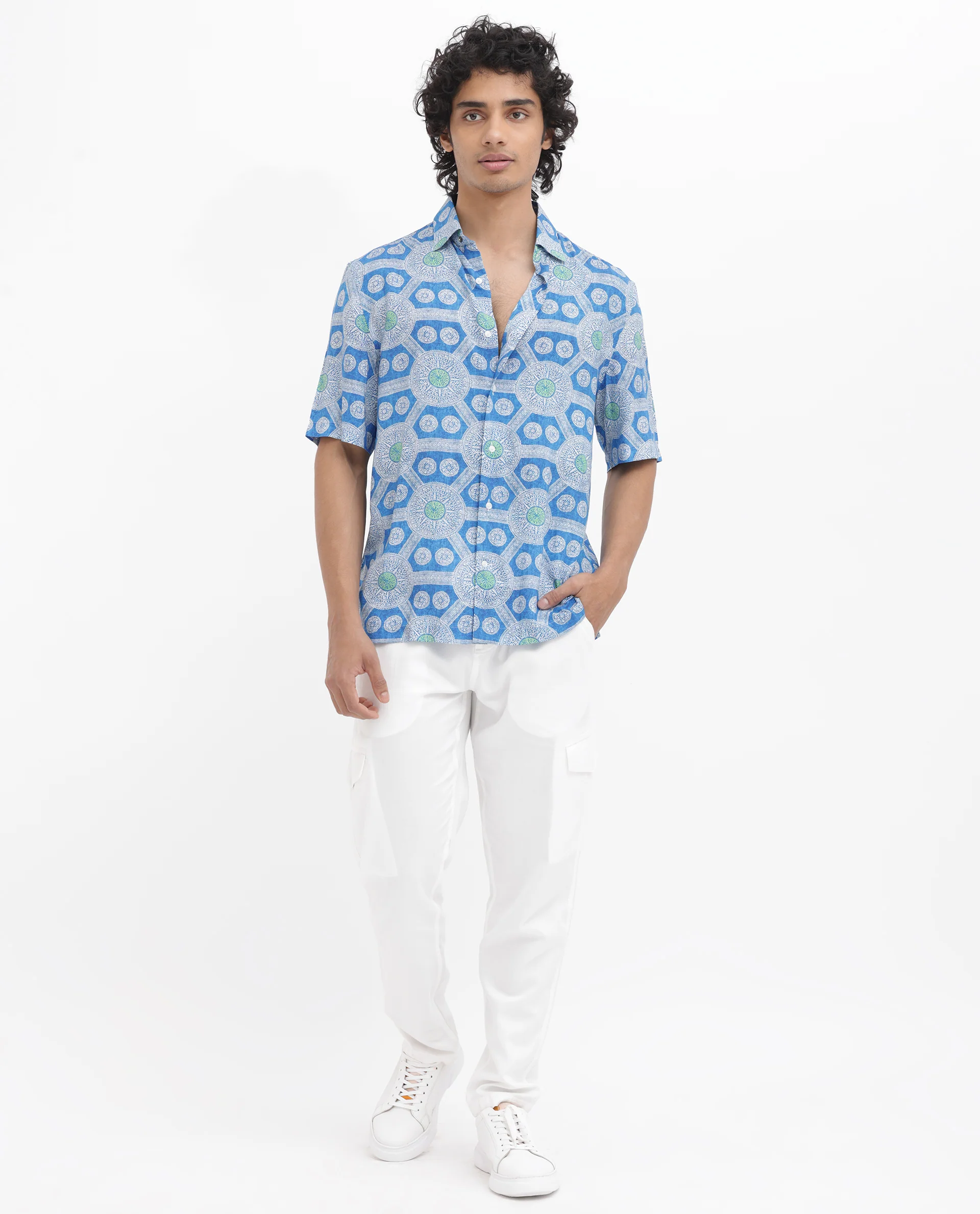 Rare Rabbit Men's Tofiel Blue Viscose Geometric Print Boxy Fit Half Sleeve Collared Shirt - Image 3