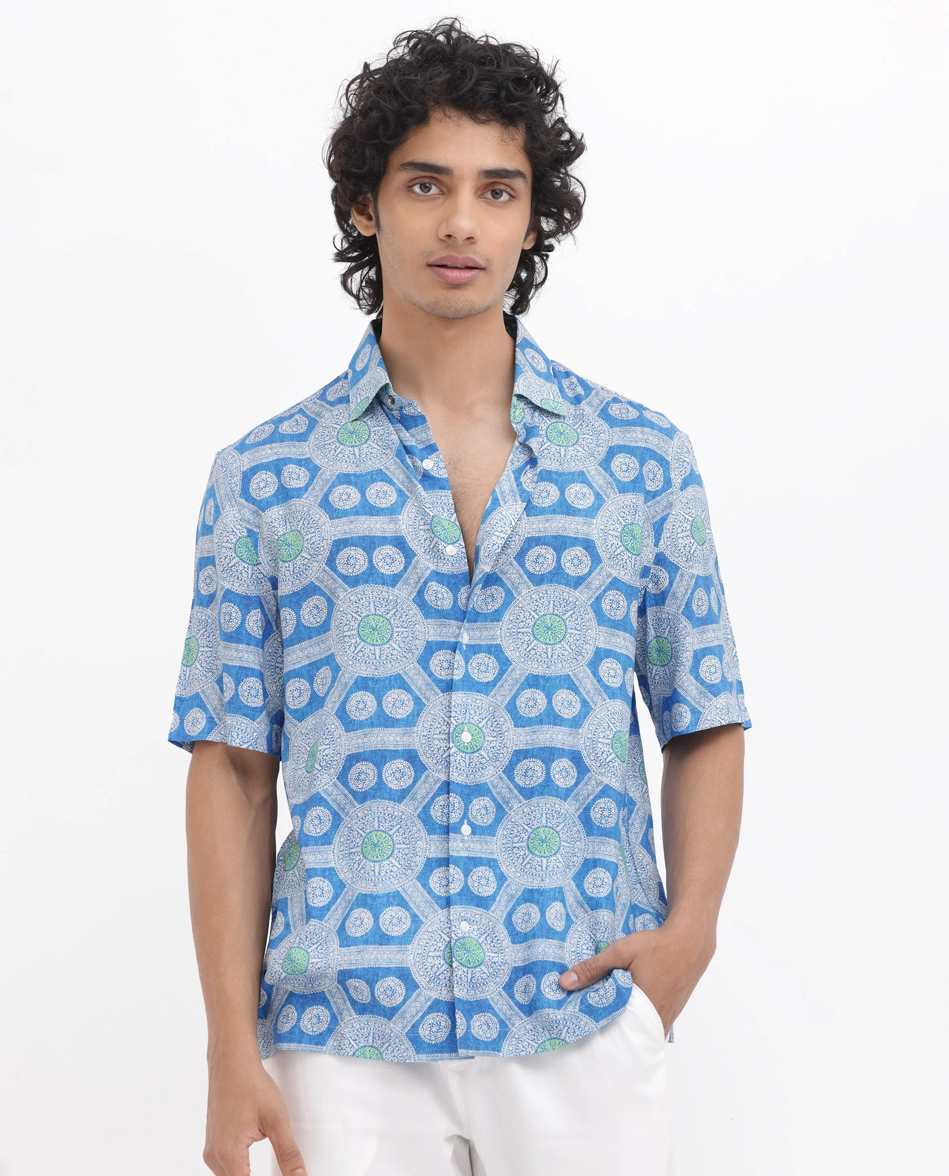 Rare Rabbit Men's Tofiel Blue Viscose Geometric Print Boxy Fit Half Sleeve Collared Shirt - Image 4