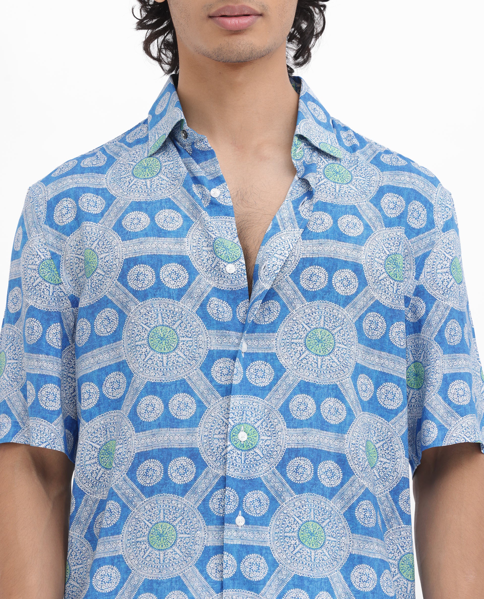 Rare Rabbit Men's Tofiel Blue Viscose Geometric Print Boxy Fit Half Sleeve Collared Shirt - Image 5