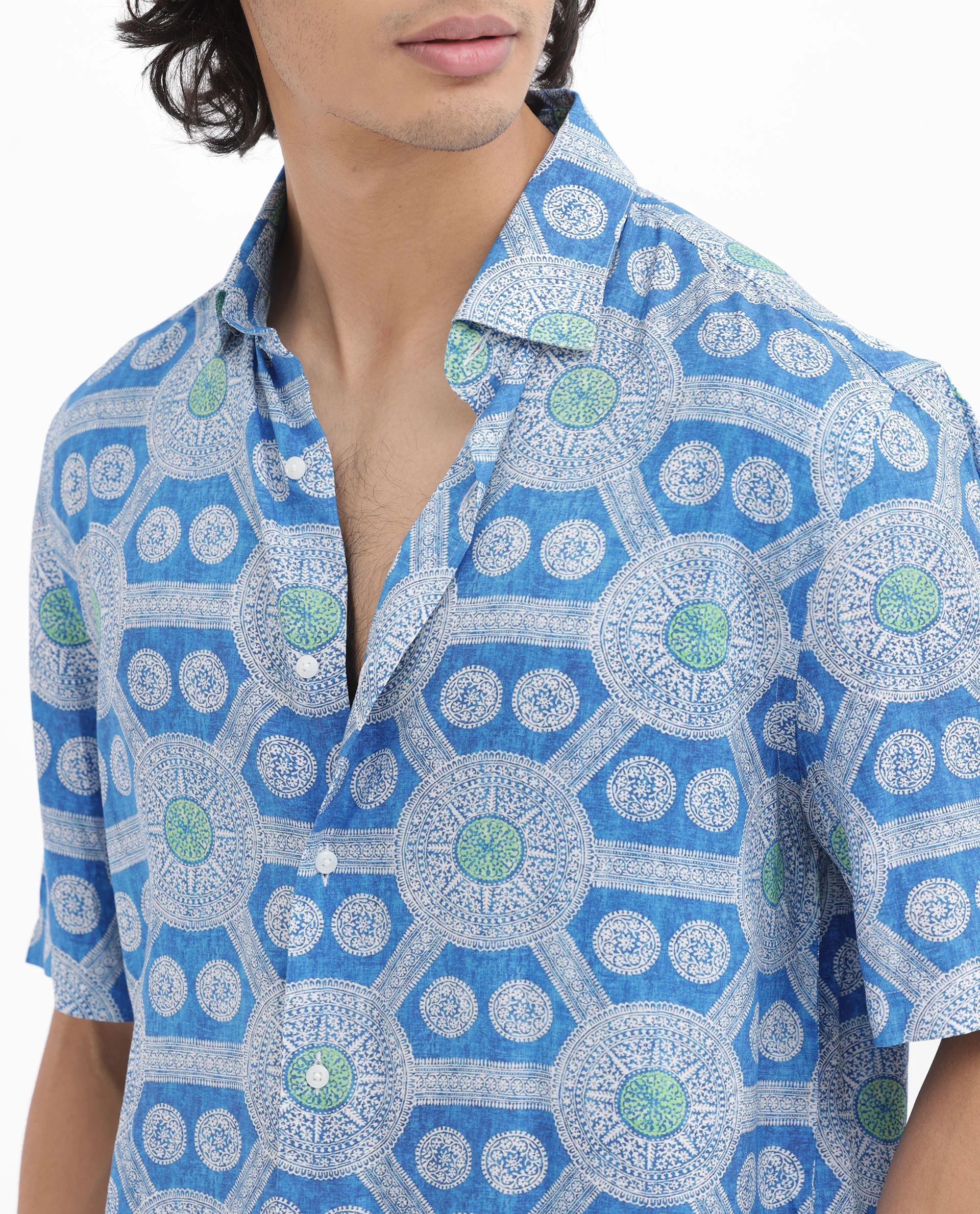 Rare Rabbit Men's Tofiel Blue Viscose Geometric Print Boxy Fit Half Sleeve Collared Shirt - Image 6