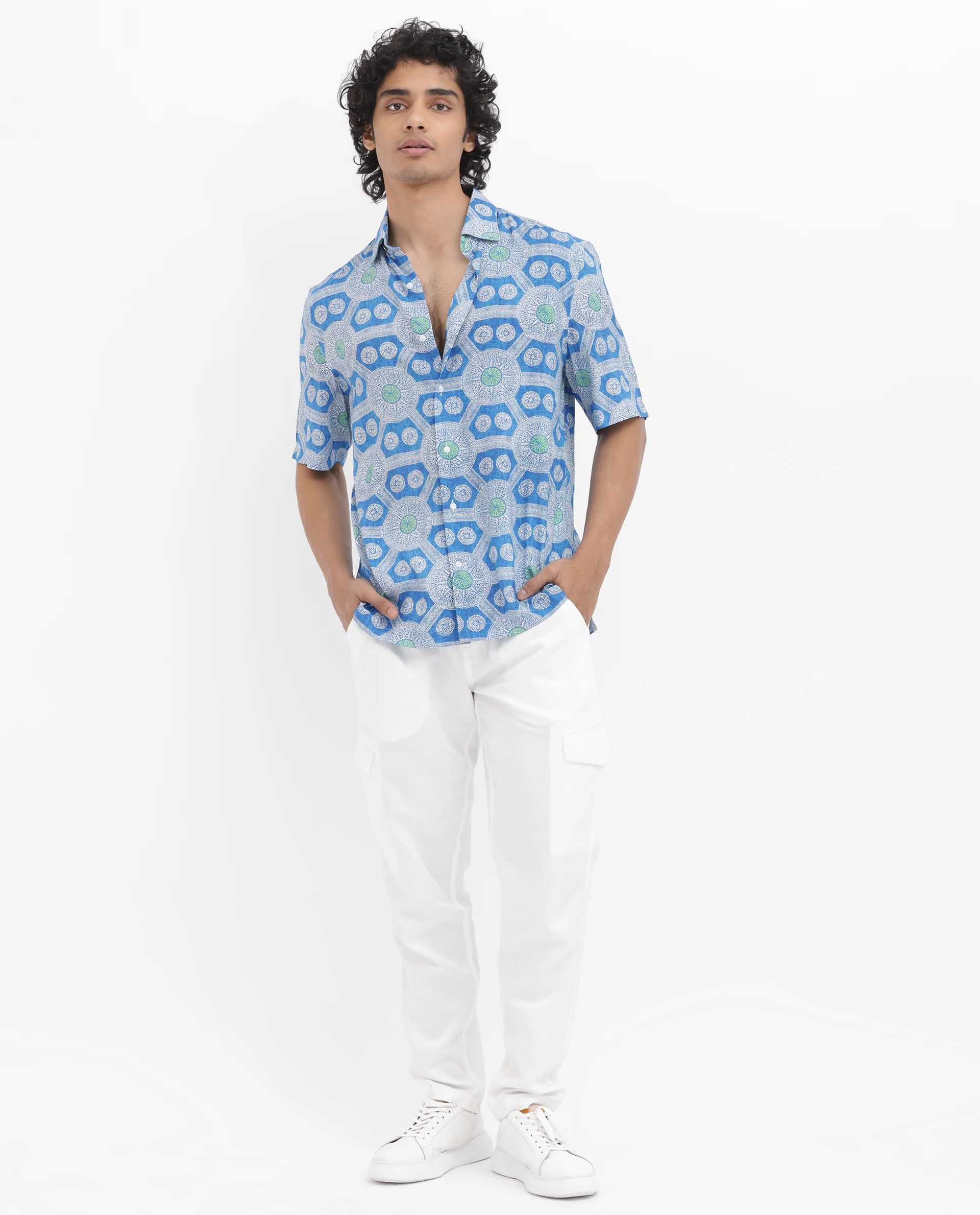 Rare Rabbit Men's Tofiel Blue Viscose Geometric Print Boxy Fit Half Sleeve Collared Shirt - Image 7