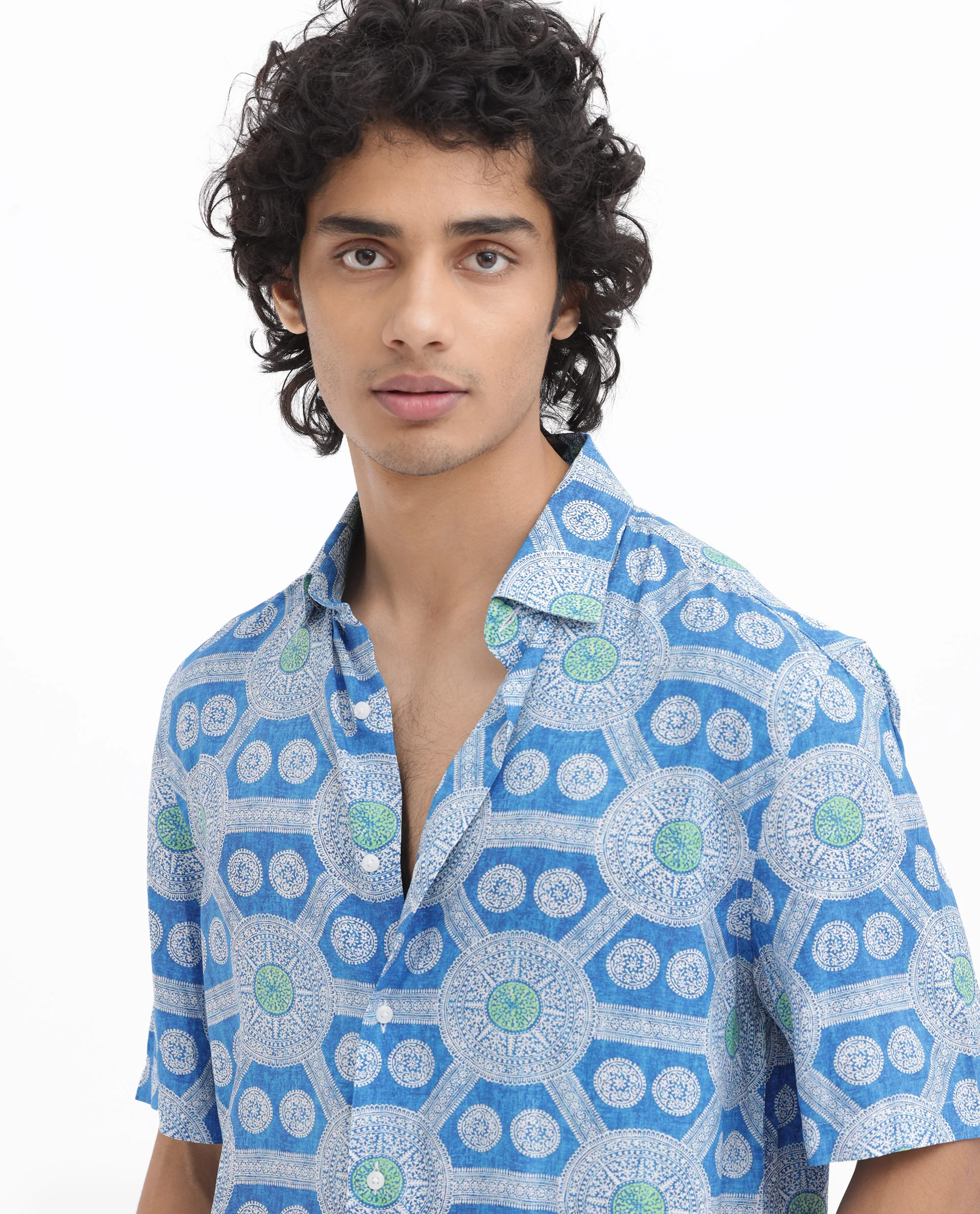 Rare Rabbit Men's Tofiel Blue Viscose Geometric Print Boxy Fit Half Sleeve Collared Shirt - Image 8