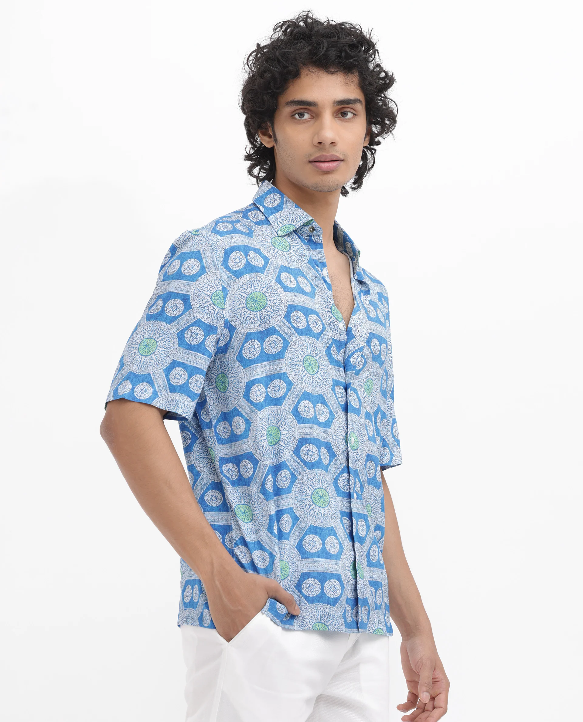 Rare Rabbit Men's Tofiel Blue Viscose Geometric Print Boxy Fit Half Sleeve Collared Shirt - Image 9