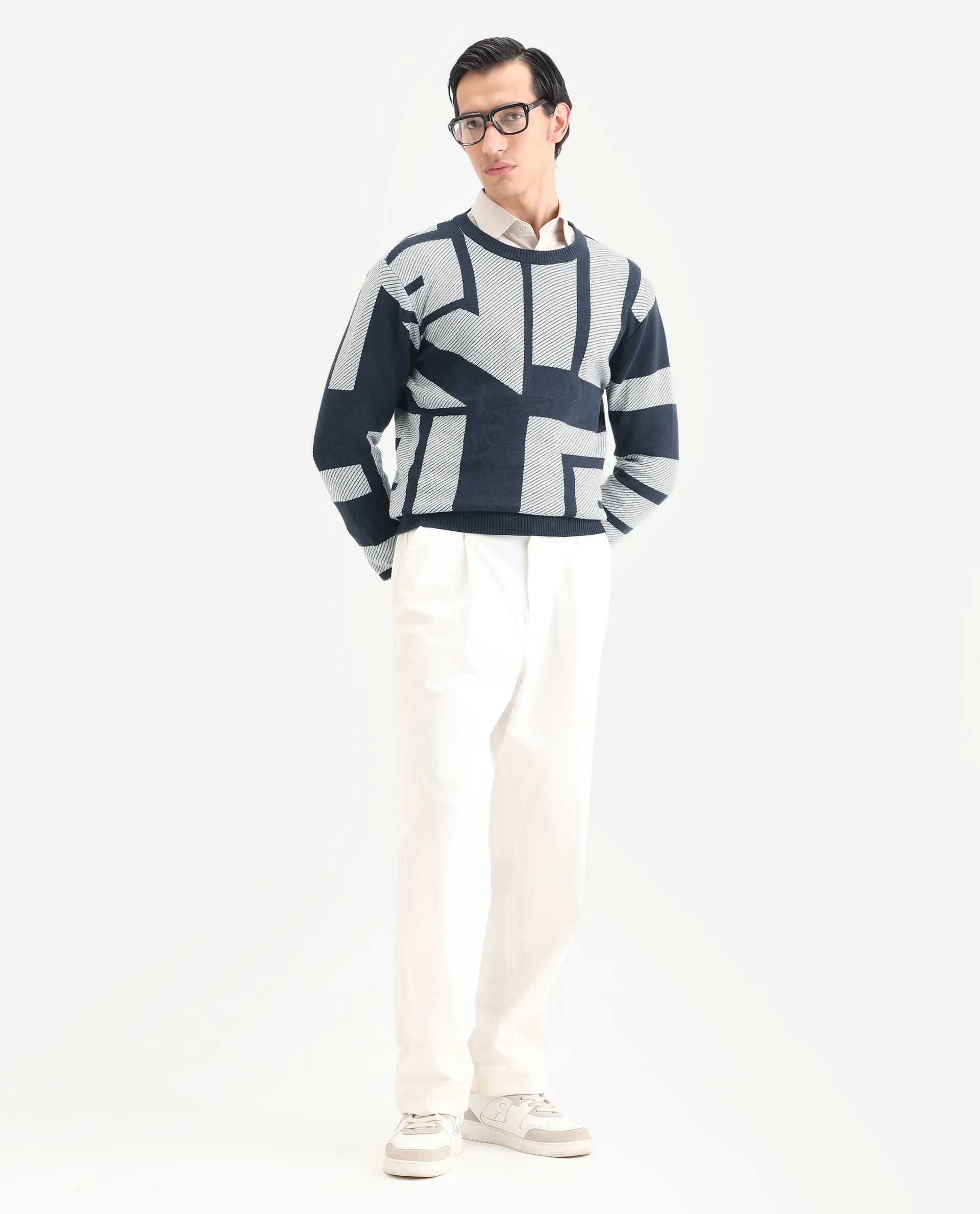 Rare Rabbit Men's Cotton Monogram Print Regular Fit Full Sleeve Crew Neck Sweater - Image 2