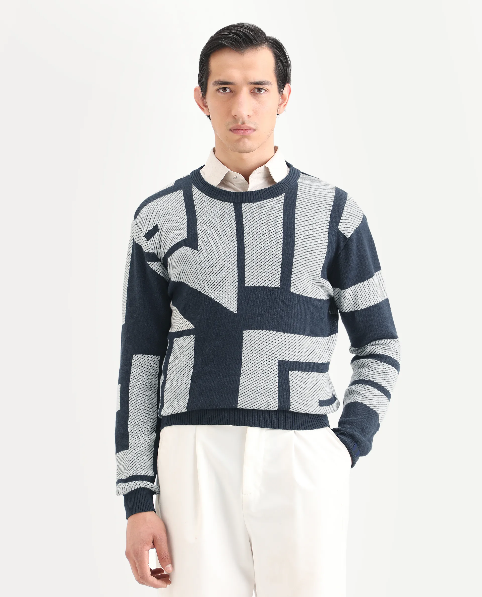 Rare Rabbit Men's Cotton Monogram Print Regular Fit Full Sleeve Crew Neck Sweater - Image 3