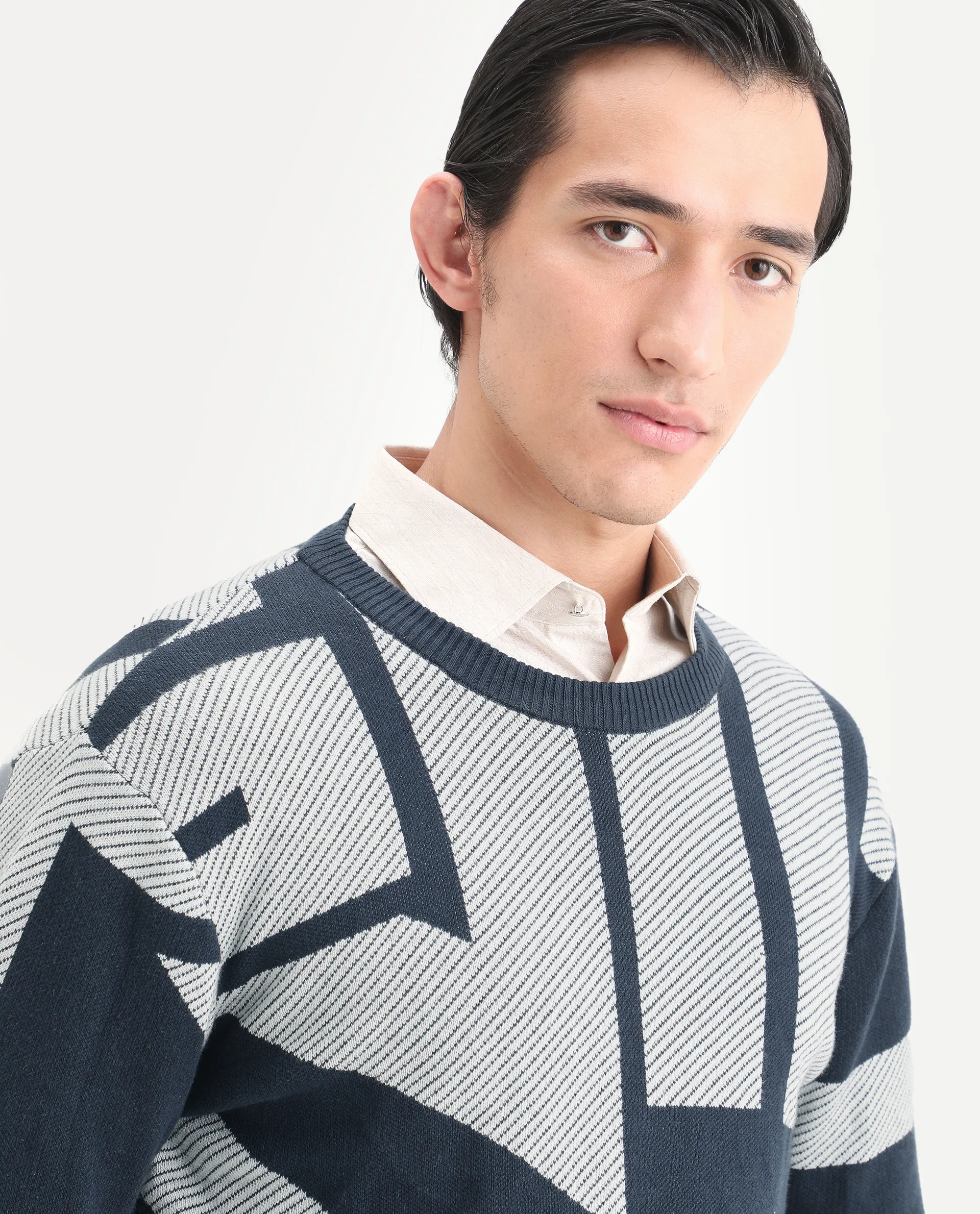 Rare Rabbit Men's Cotton Monogram Print Regular Fit Full Sleeve Crew Neck Sweater - Image 4