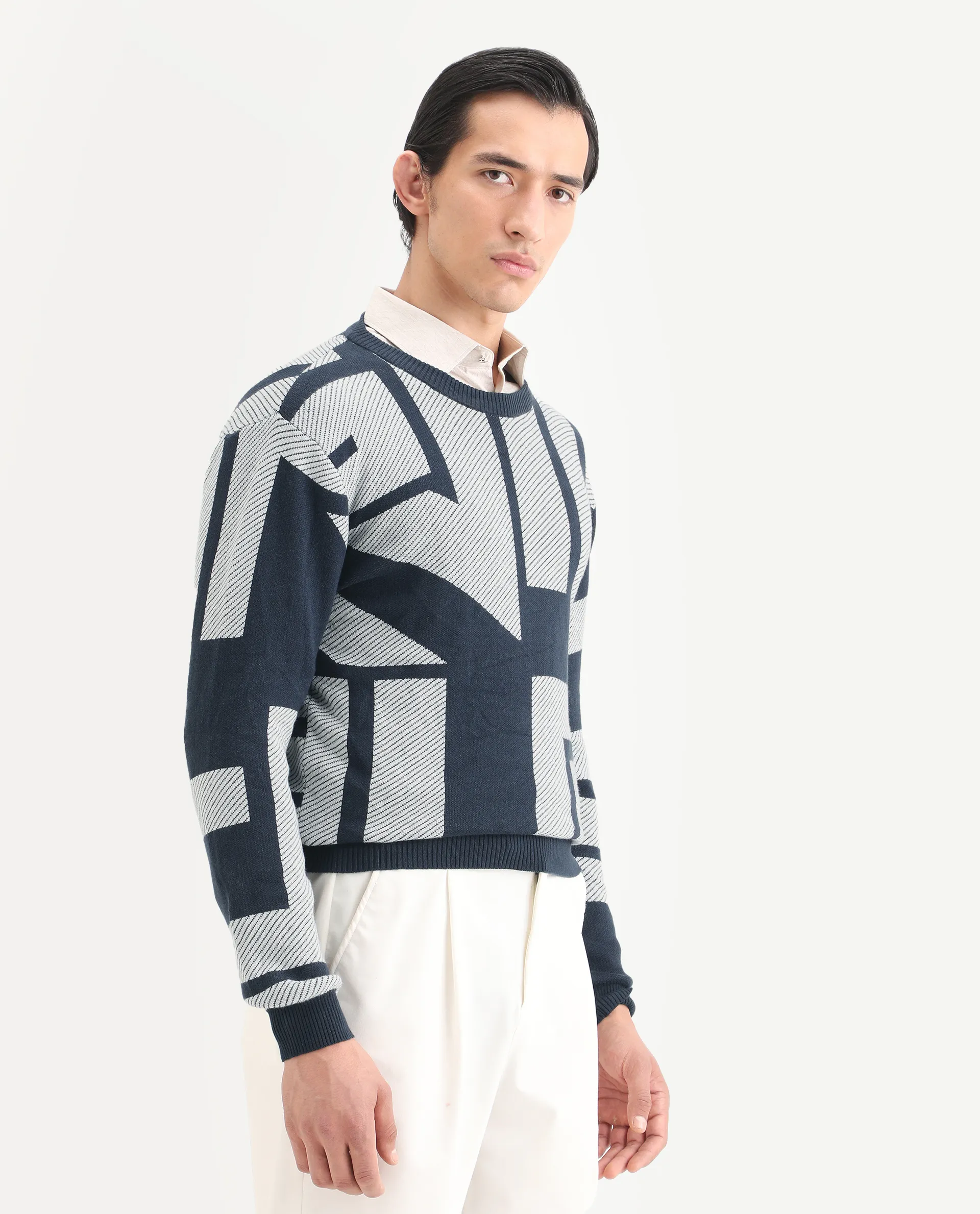 Rare Rabbit Men's Cotton Monogram Print Regular Fit Full Sleeve Crew Neck Sweater - Image 5