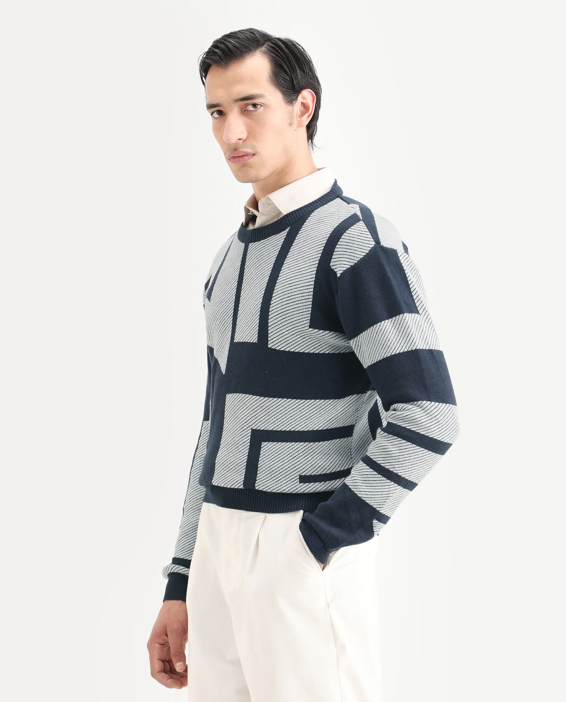 Rare Rabbit Men's Cotton Monogram Print Regular Fit Full Sleeve Crew Neck Sweater - Image 6