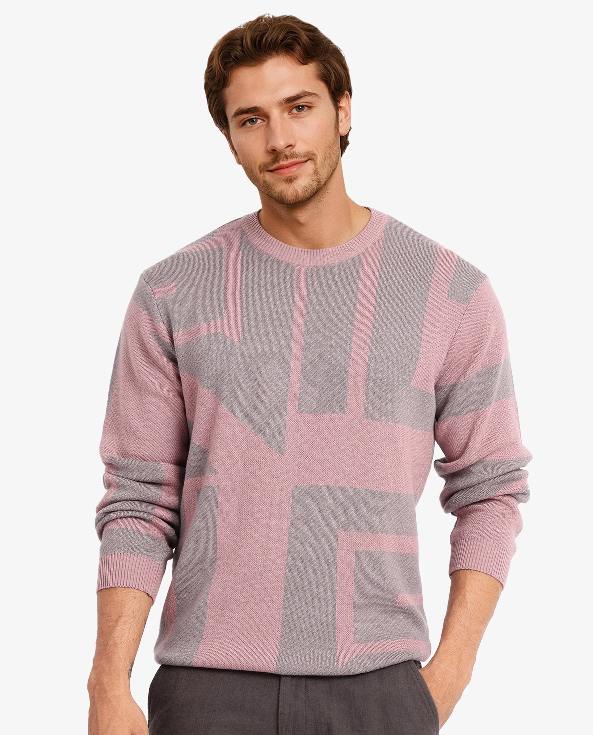 Rare Rabbit Men's Toge Pink Cotton Monogram Print Regular Fit Full Sleeve Crew Neck Sweater - Image 2