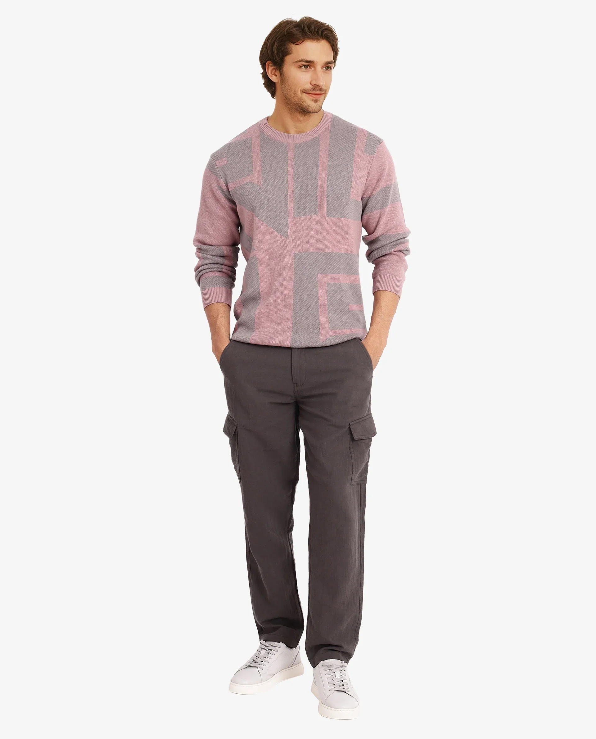 Rare Rabbit Men's Toge Pink Cotton Monogram Print Regular Fit Full Sleeve Crew Neck Sweater - Image 4