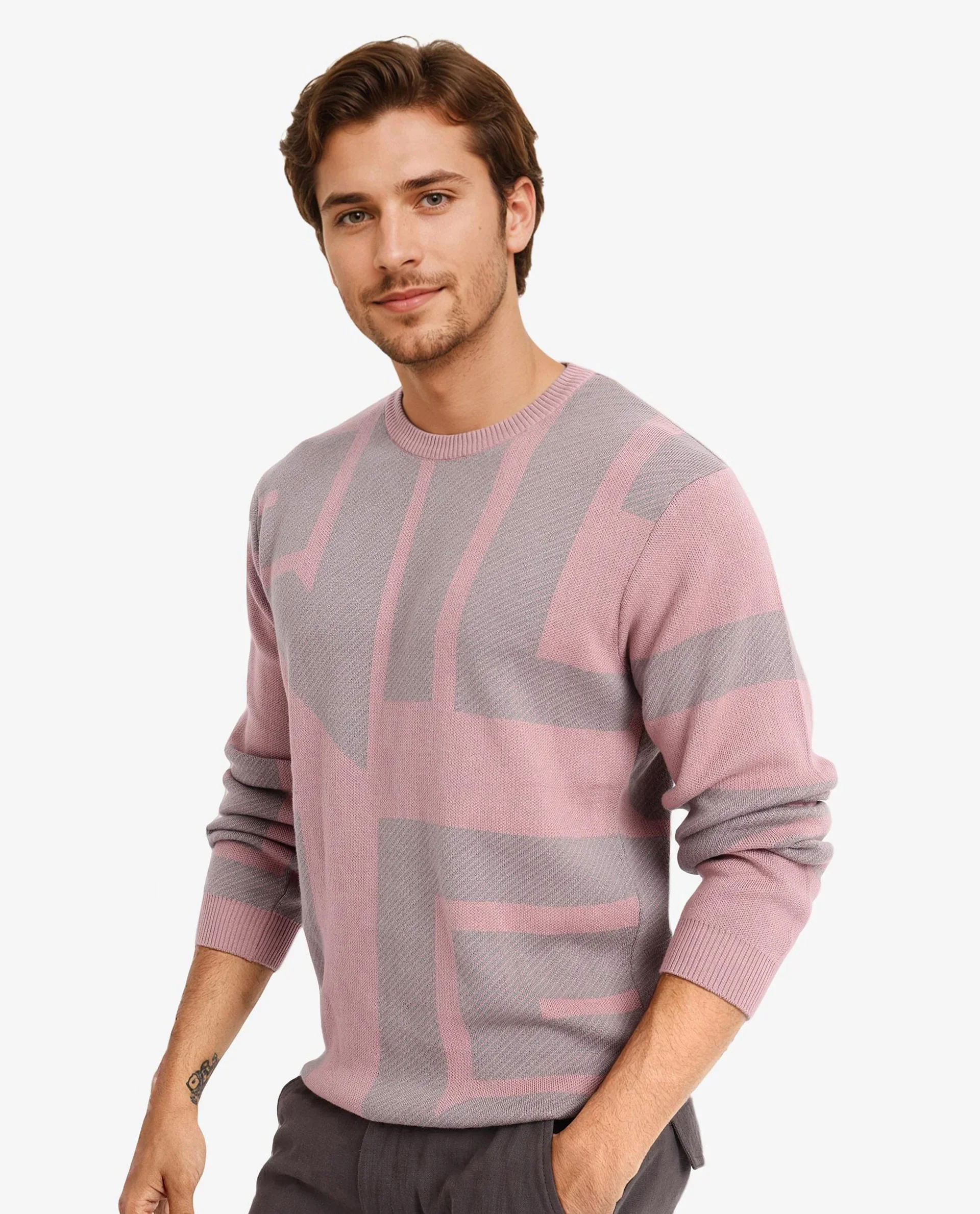 Rare Rabbit Men's Toge Pink Cotton Monogram Print Regular Fit Full Sleeve Crew Neck Sweater - Image 6