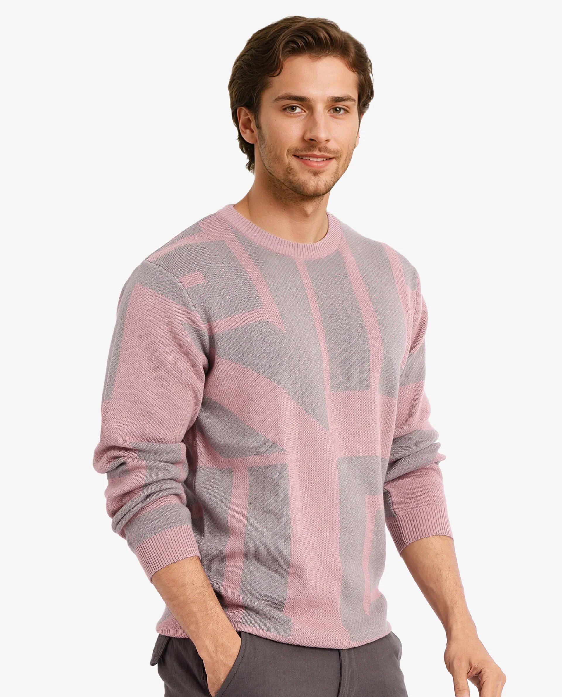 Rare Rabbit Men's Toge Pink Cotton Monogram Print Regular Fit Full Sleeve Crew Neck Sweater - Image 8