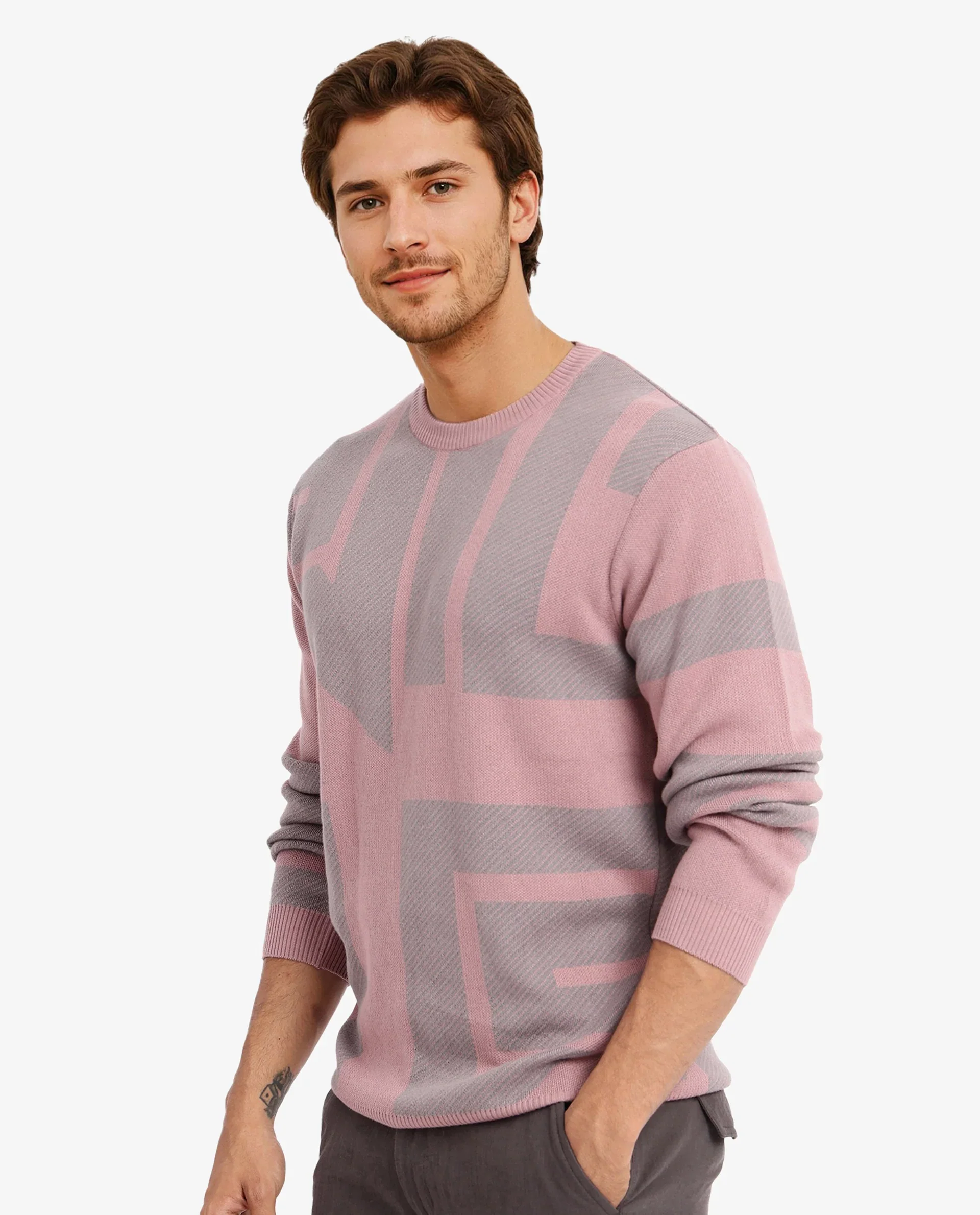 Rare Rabbit Men's Toge Pink Cotton Monogram Print Regular Fit Full Sleeve Crew Neck Sweater - Image 9