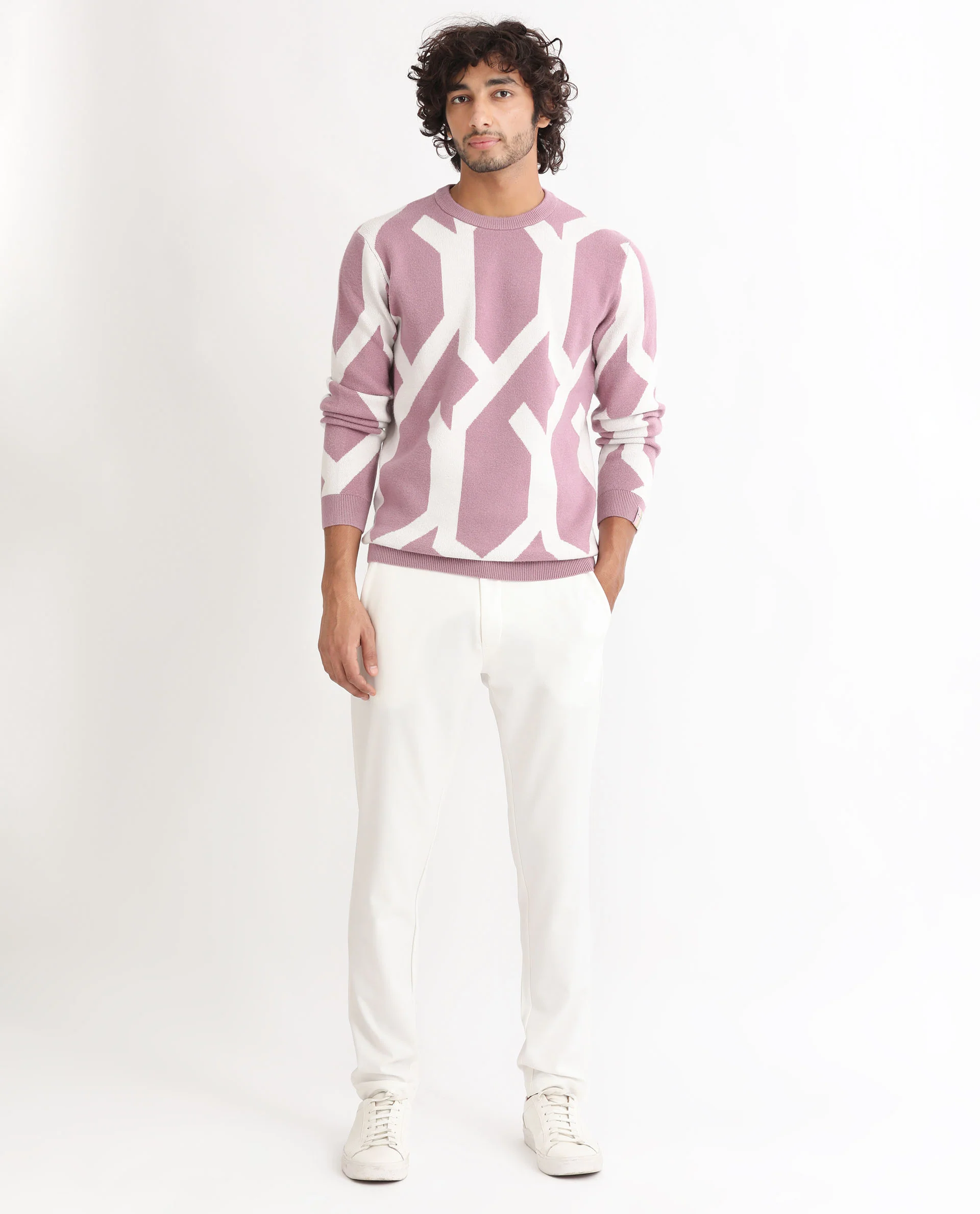 Rare Rabbit Men's Togepi Pink Cotton Jacquard Relaxed Fit Full Sleeve Crew Neck Sweater - Image 2