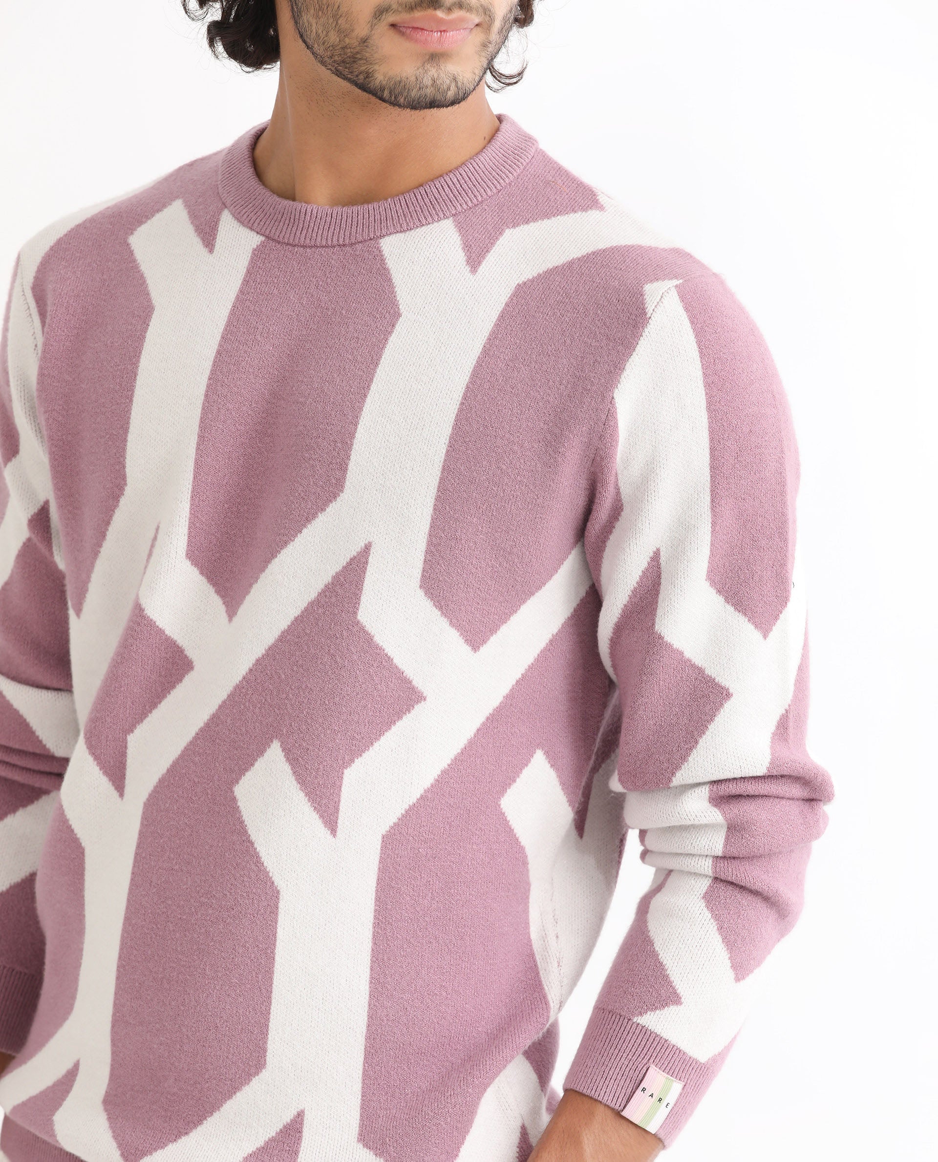 Rare Rabbit Men's Togepi Pink Cotton Jacquard Relaxed Fit Full Sleeve Crew Neck Sweater - Image 3