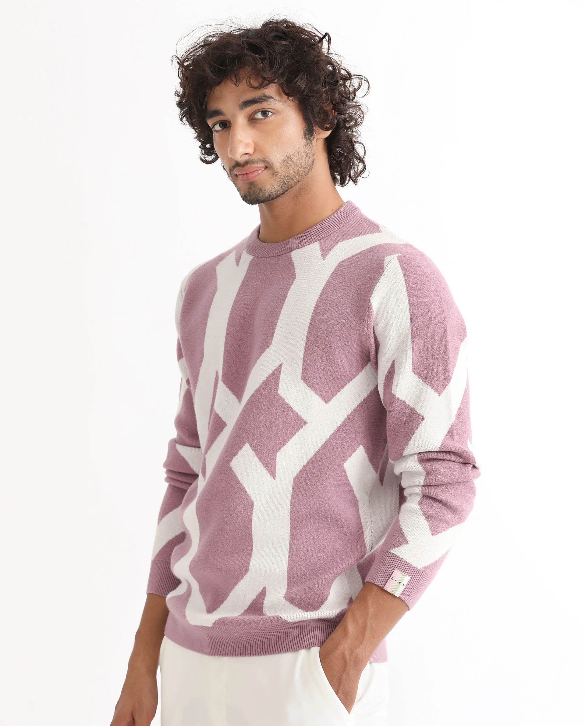 Rare Rabbit Men's Togepi Pink Cotton Jacquard Relaxed Fit Full Sleeve Crew Neck Sweater - Image 6