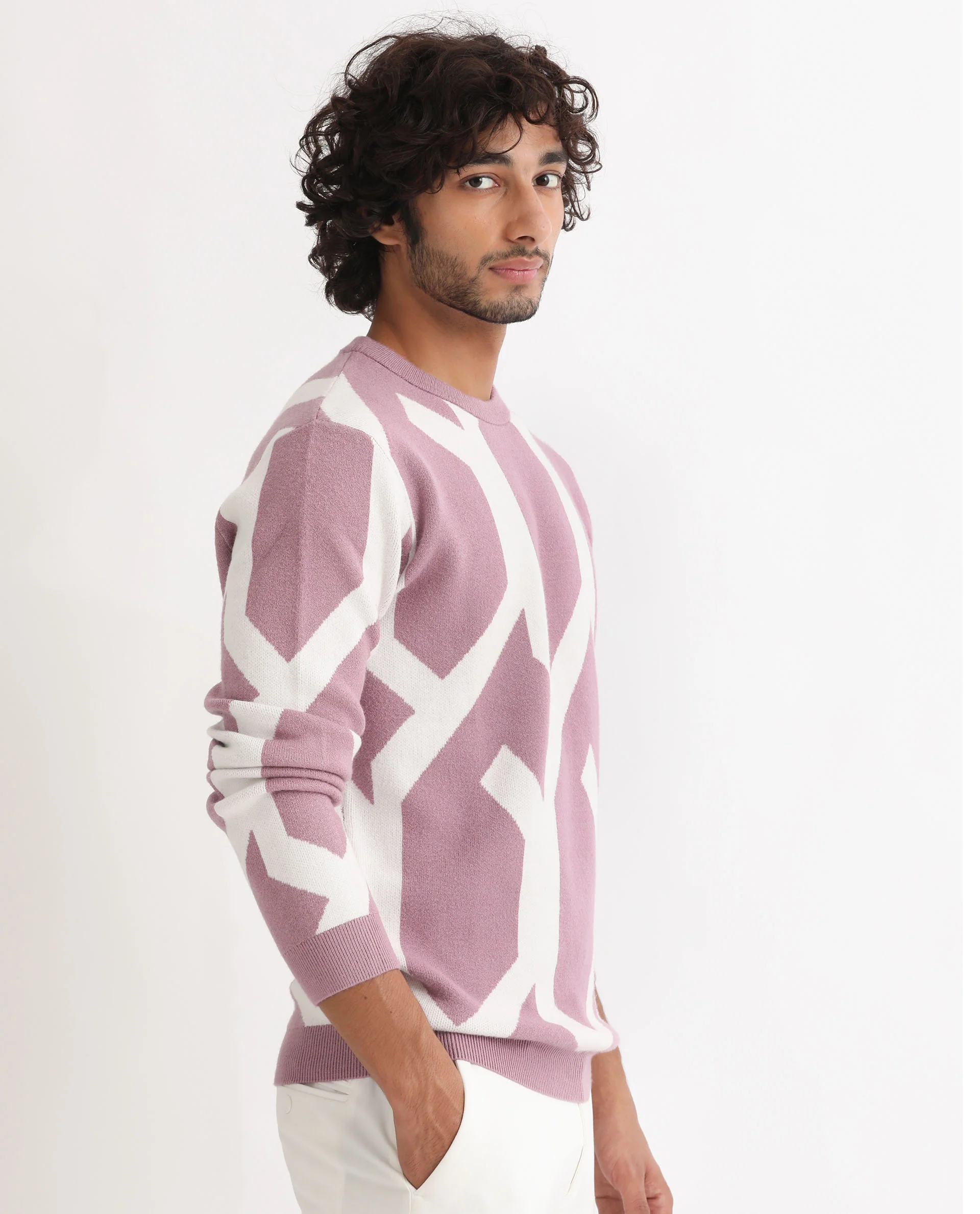Rare Rabbit Men's Togepi Pink Cotton Jacquard Relaxed Fit Full Sleeve Crew Neck Sweater - Image 7