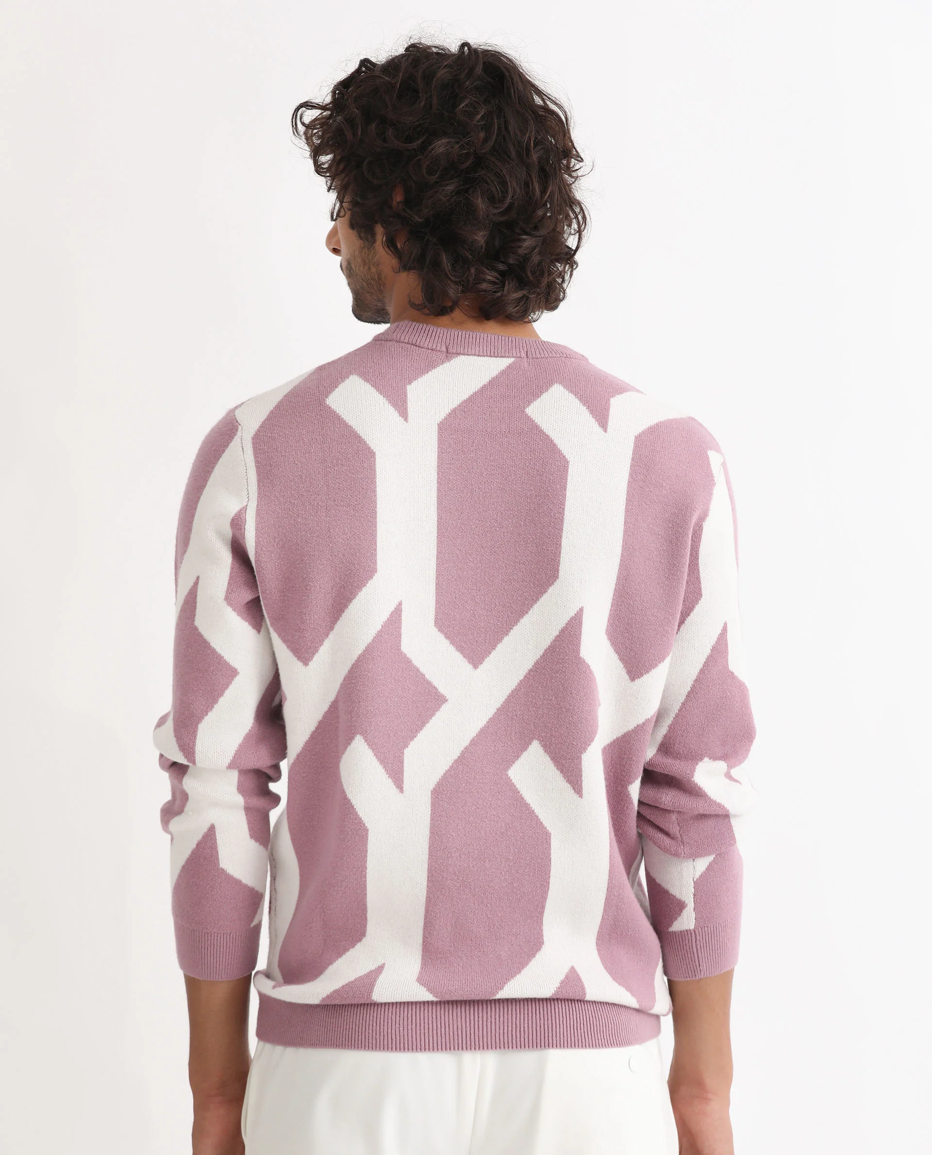 Rare Rabbit Men's Togepi Pink Cotton Jacquard Relaxed Fit Full Sleeve Crew Neck Sweater - Image 8