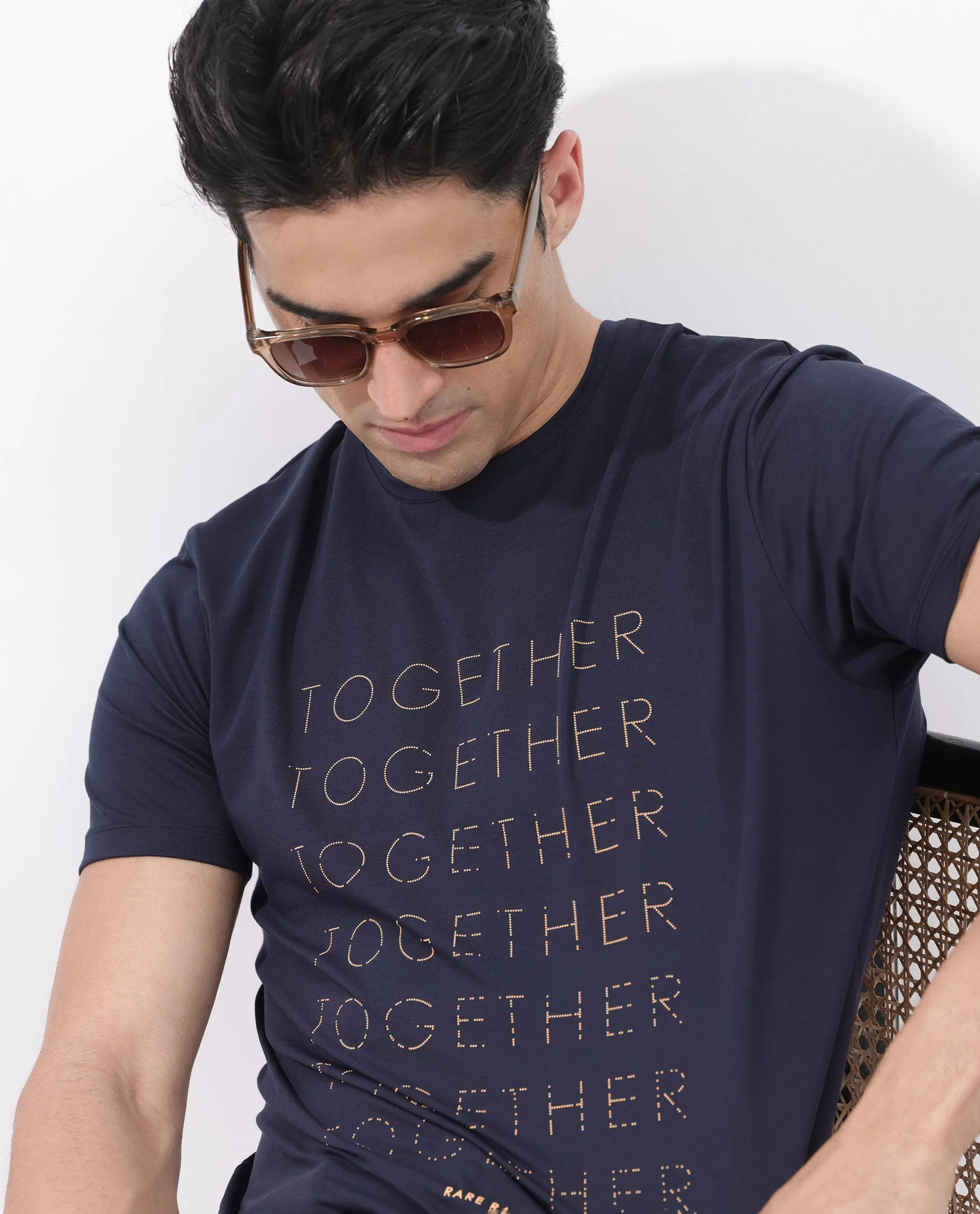 Rare Rabbit Articale Men's Together-1 Navy Crew Neck Relaxed Fit Knit Typography Print T-Shirt - Image 2