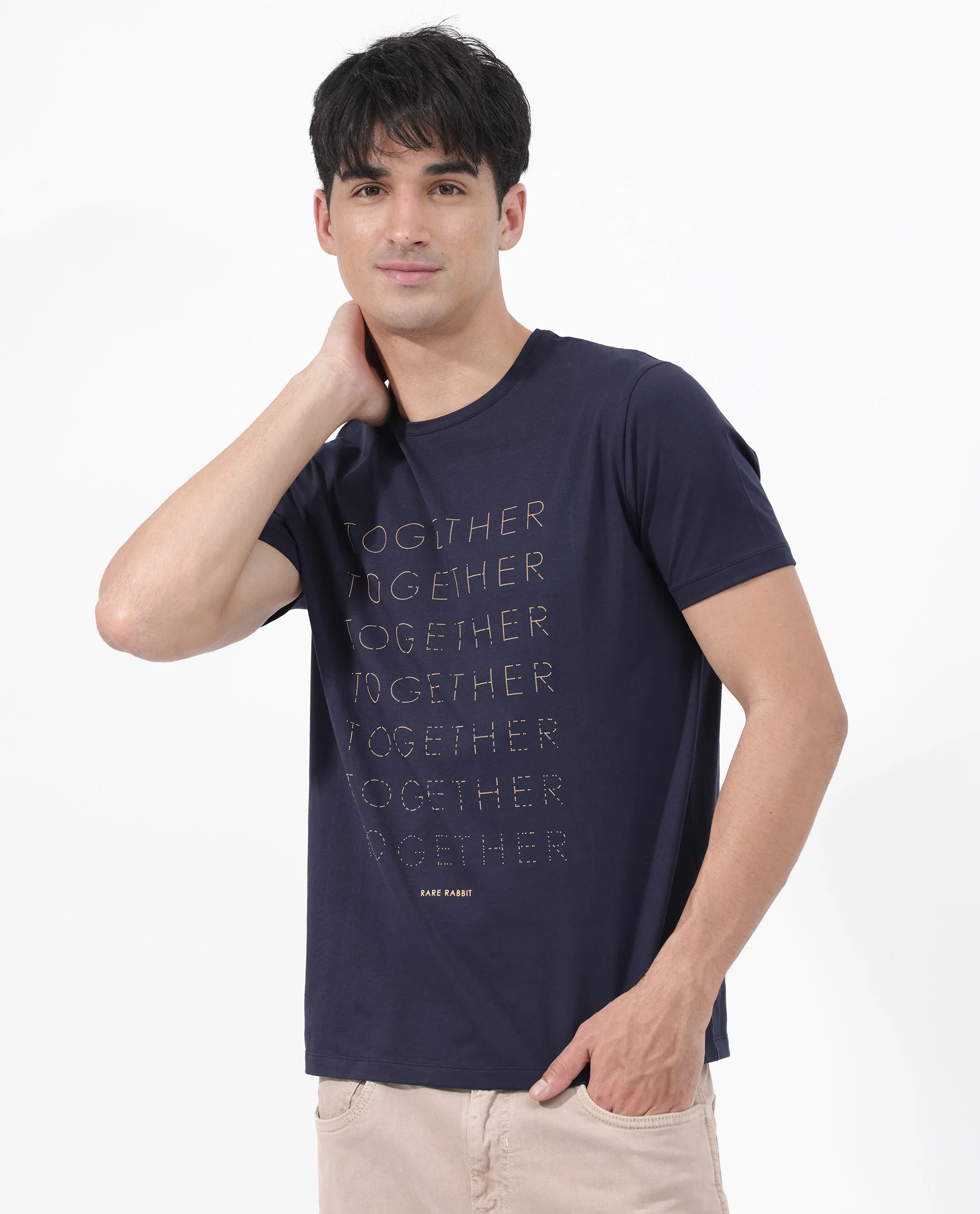 Rare Rabbit Articale Men's Together-1 Navy Crew Neck Relaxed Fit Knit Typography Print T-Shirt - Image 3