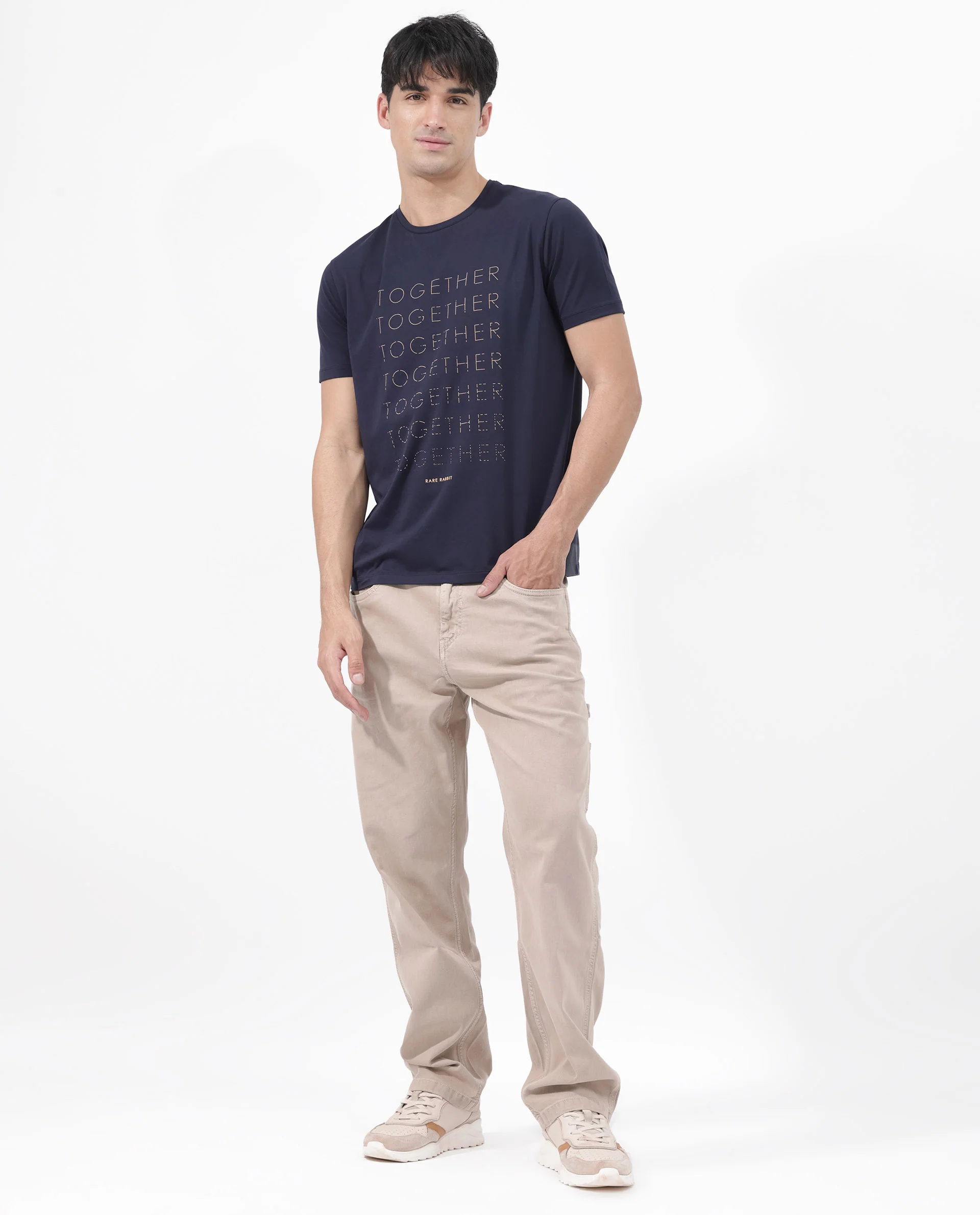 Rare Rabbit Articale Men's Together-1 Navy Crew Neck Relaxed Fit Knit Typography Print T-Shirt - Image 4
