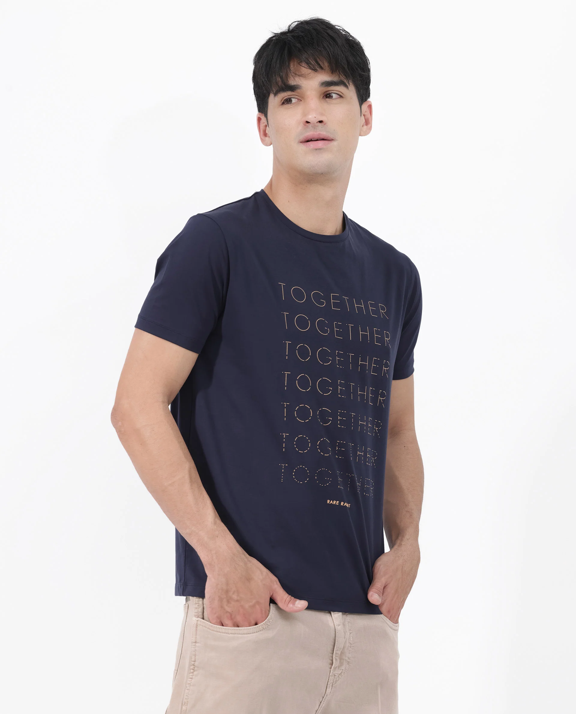 Rare Rabbit Articale Men's Together-1 Navy Crew Neck Relaxed Fit Knit Typography Print T-Shirt - Image 5