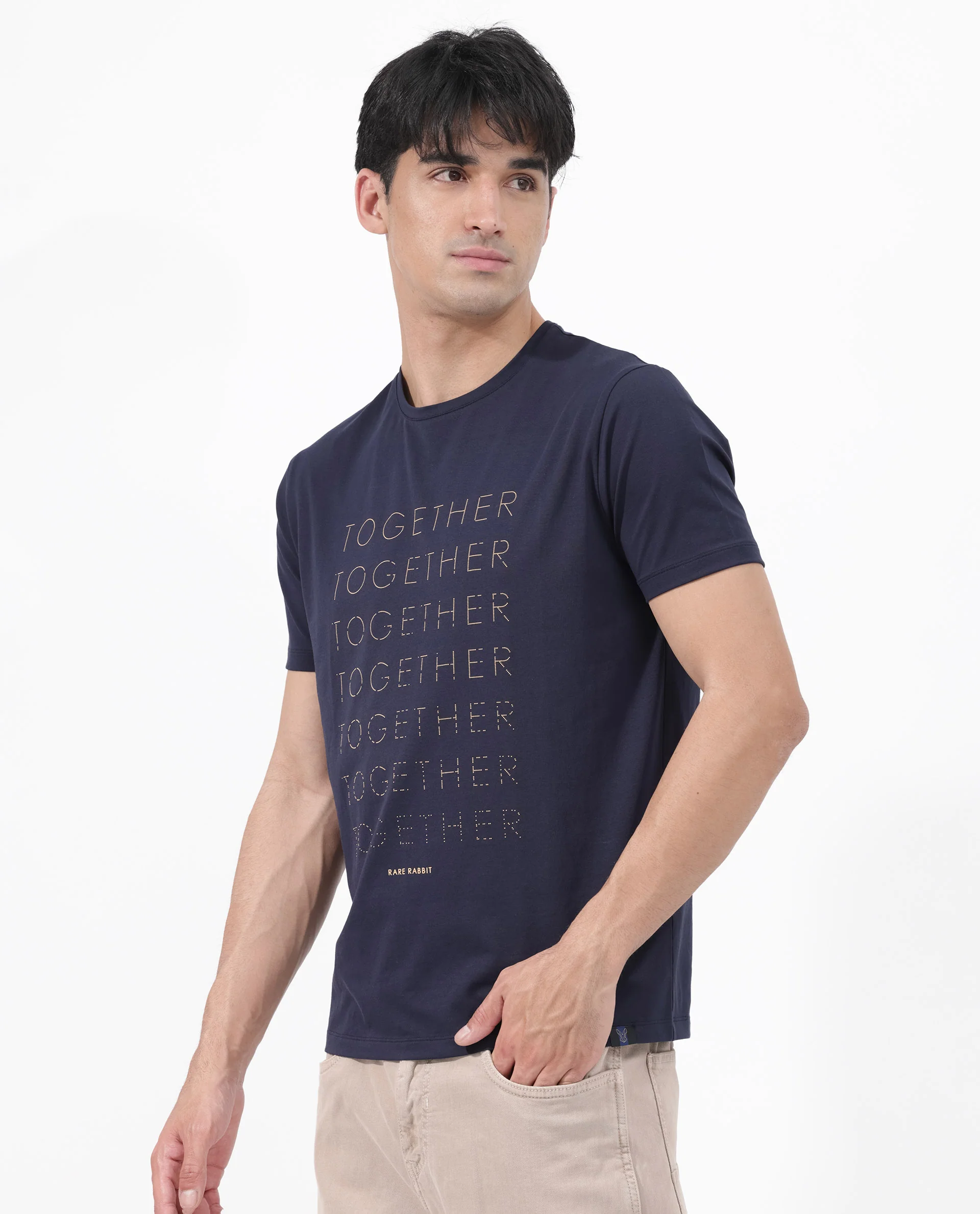 Rare Rabbit Articale Men's Together-1 Navy Crew Neck Relaxed Fit Knit Typography Print T-Shirt - Image 6