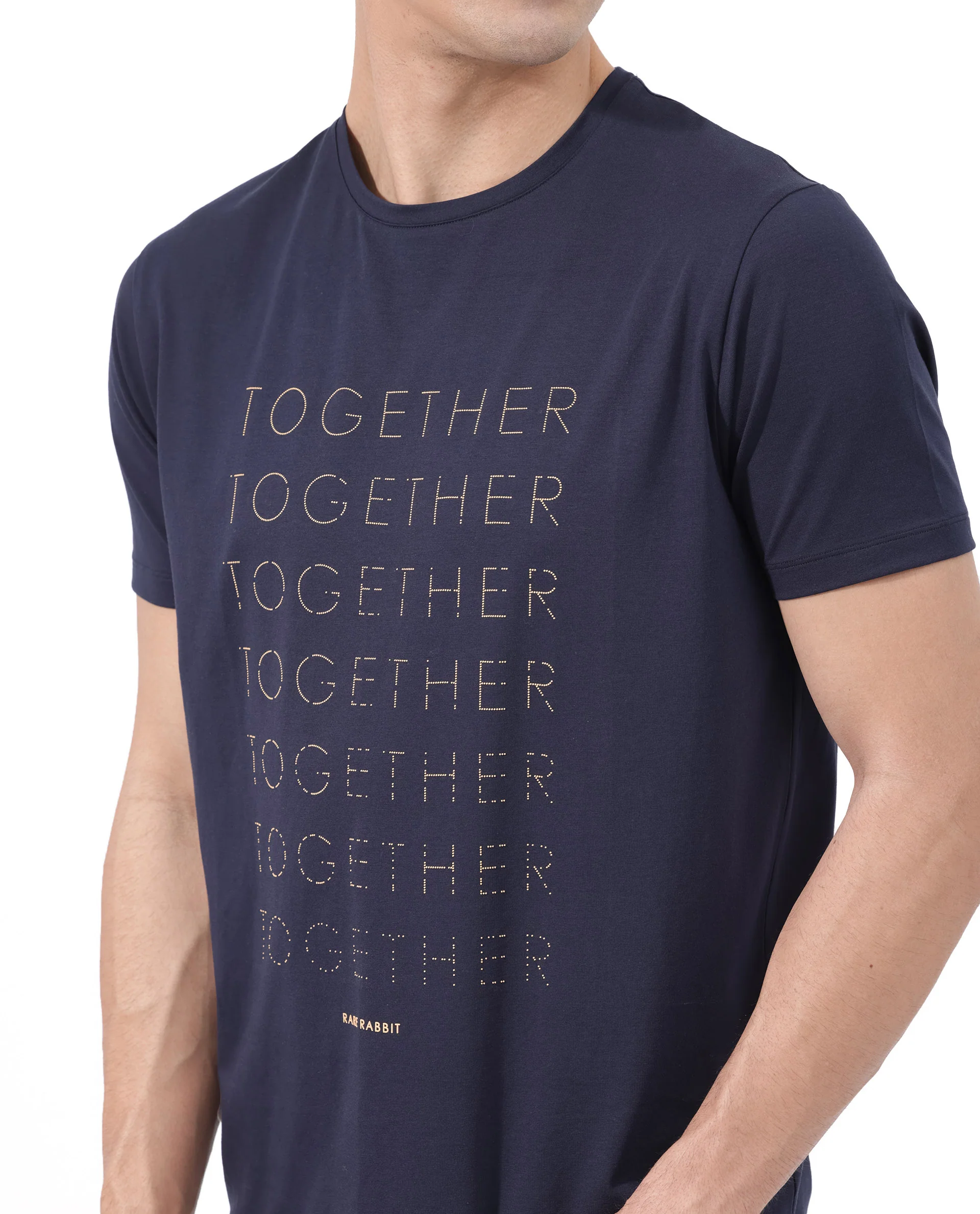 Rare Rabbit Articale Men's Together-1 Navy Crew Neck Relaxed Fit Knit Typography Print T-Shirt - Image 7