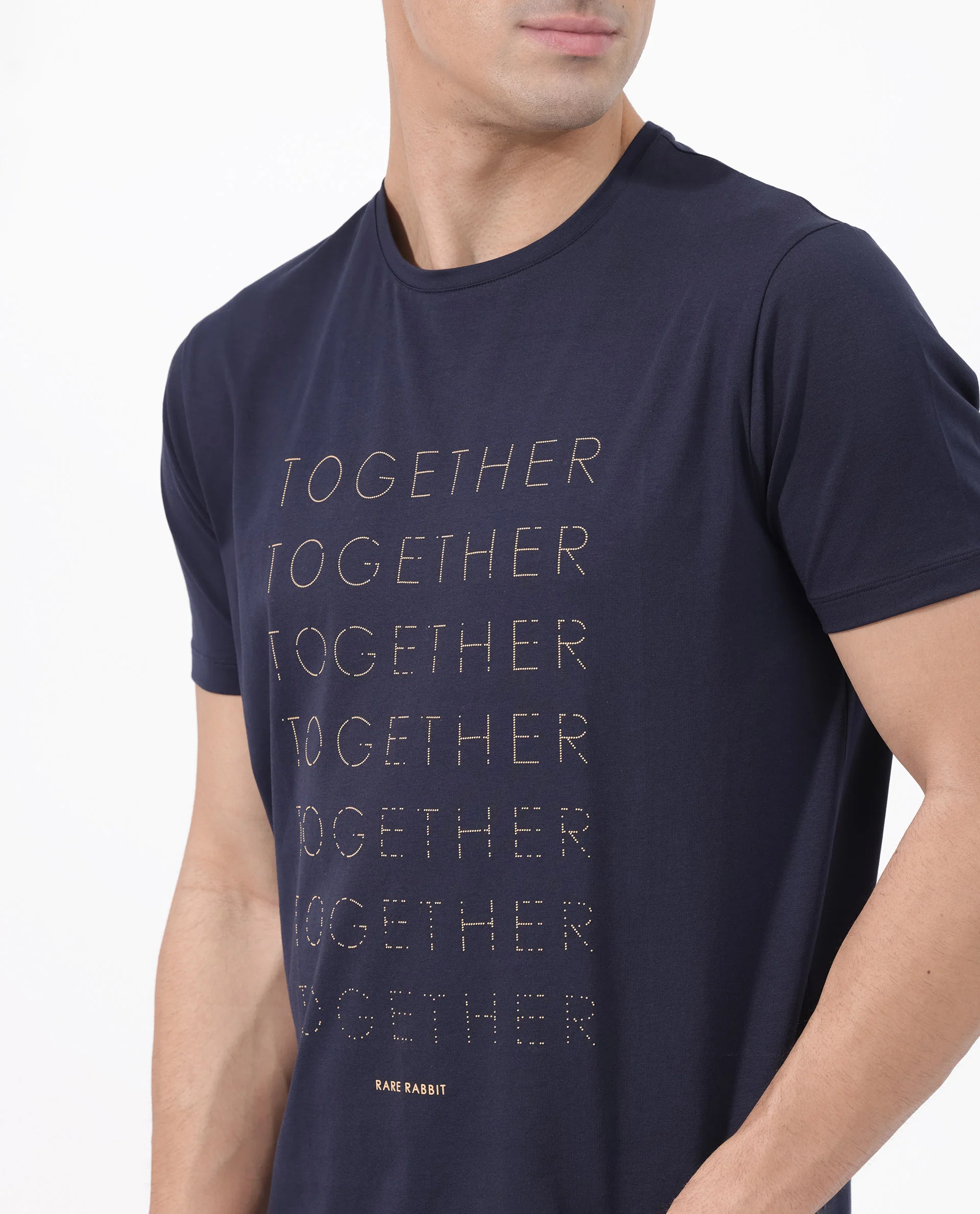 Rare Rabbit Articale Men's Together-1 Navy Crew Neck Relaxed Fit Knit Typography Print T-Shirt - Image 8