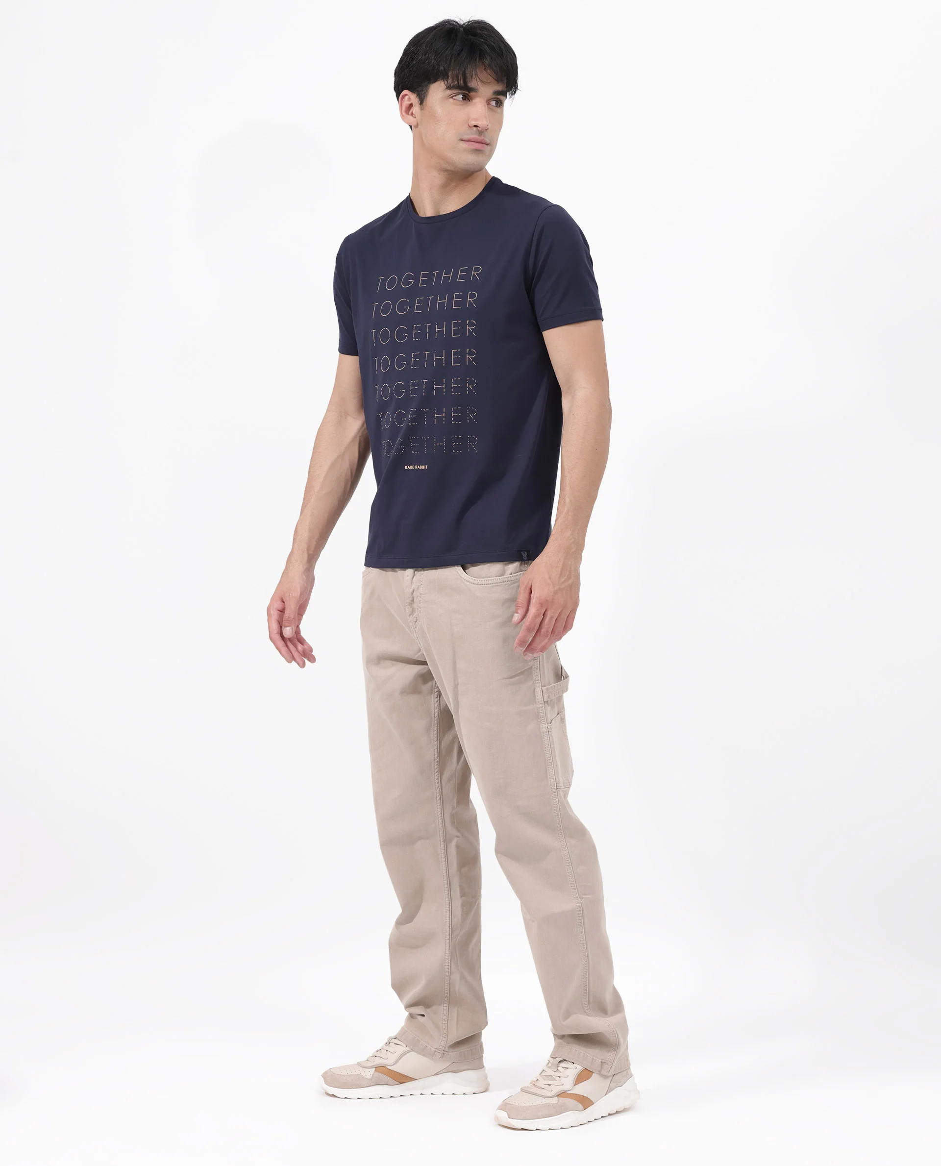 Rare Rabbit Articale Men's Together-1 Navy Crew Neck Relaxed Fit Knit Typography Print T-Shirt - Image 9