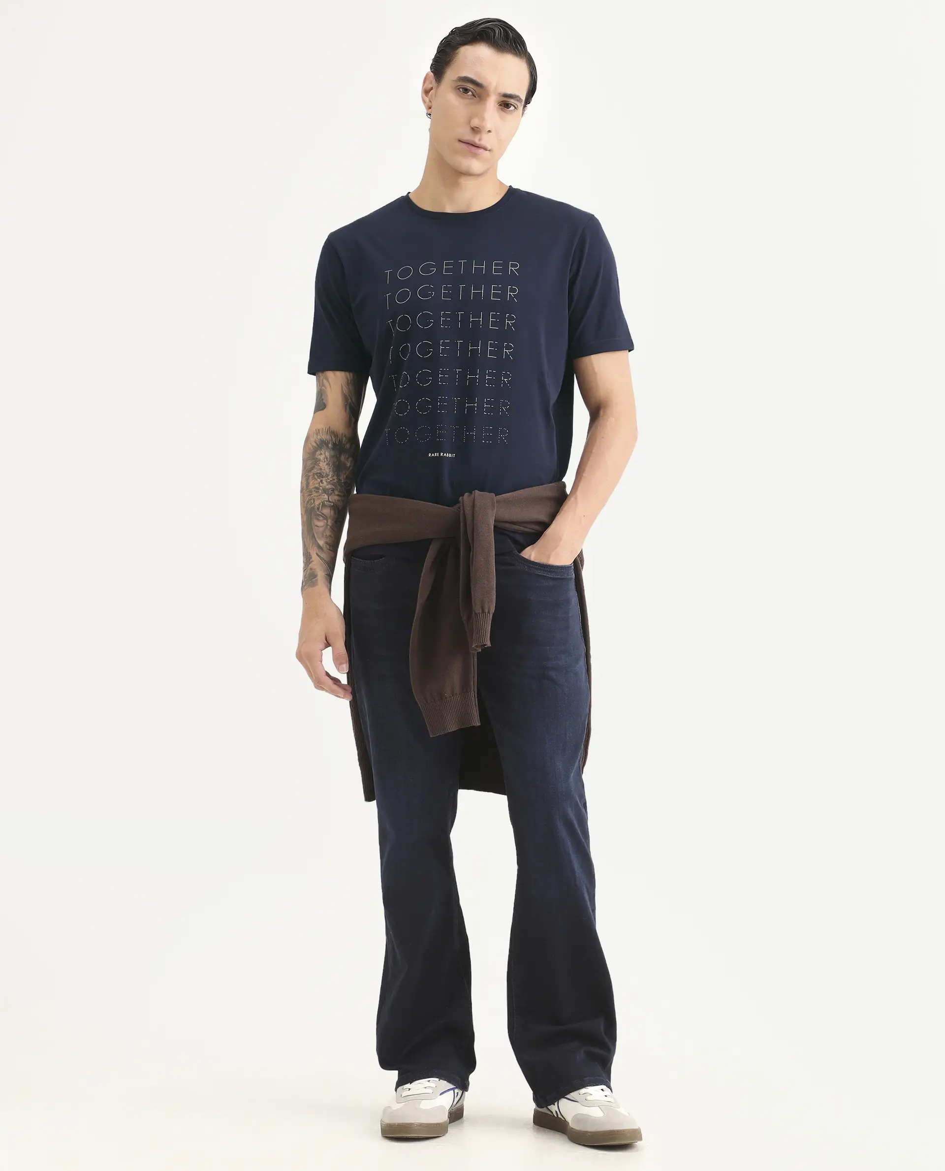 Rare Rabbit Men's Together-S26 Navy Cotton Blend Fabric Half Sleeve Crew Neck Regular Fit Graphic Print T-Shirt - Image 2