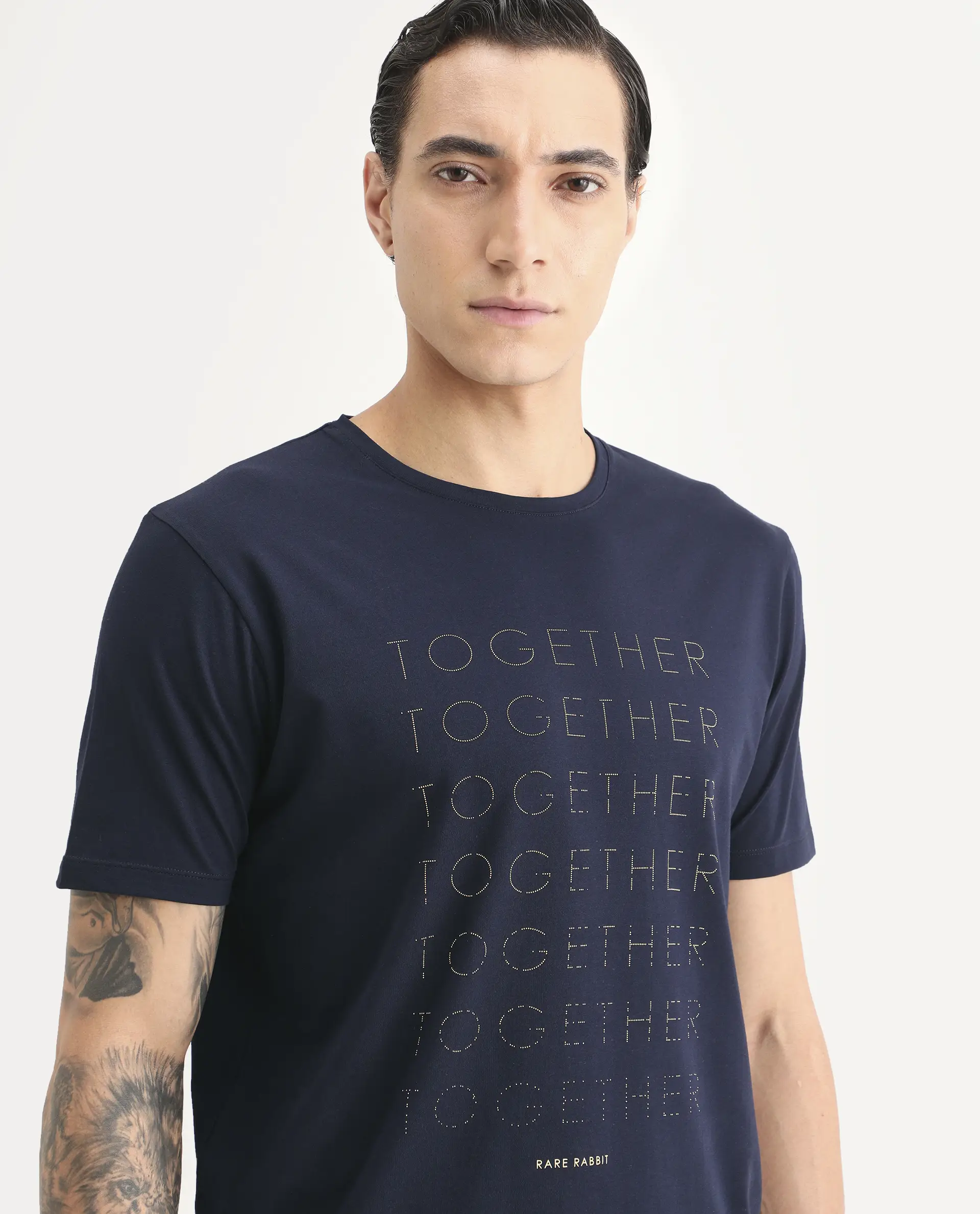 Rare Rabbit Men's Together-S26 Navy Cotton Blend Fabric Half Sleeve Crew Neck Regular Fit Graphic Print T-Shirt - Image 3