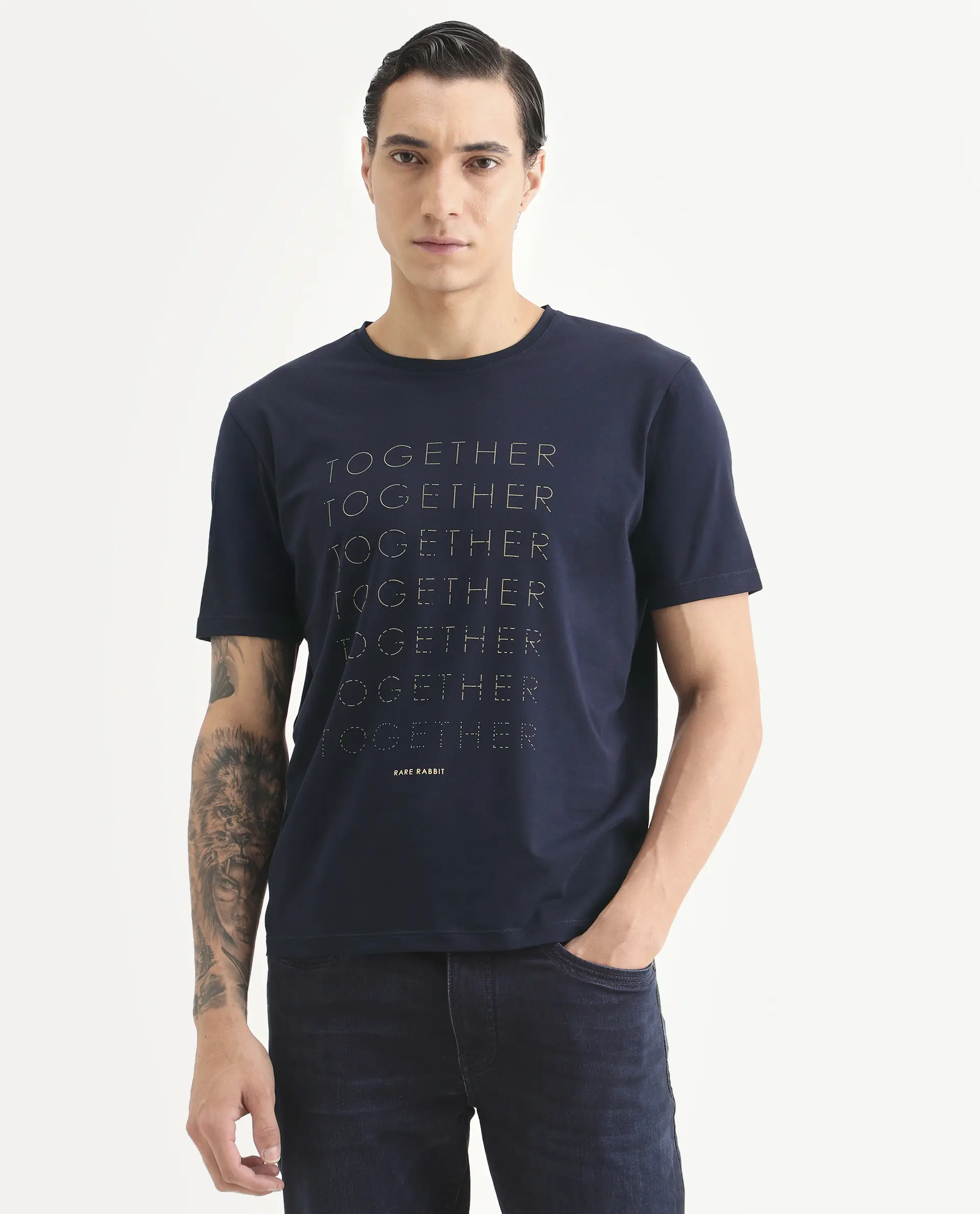 Rare Rabbit Men's Together-S26 Navy Cotton Blend Fabric Half Sleeve Crew Neck Regular Fit Graphic Print T-Shirt - Image 4