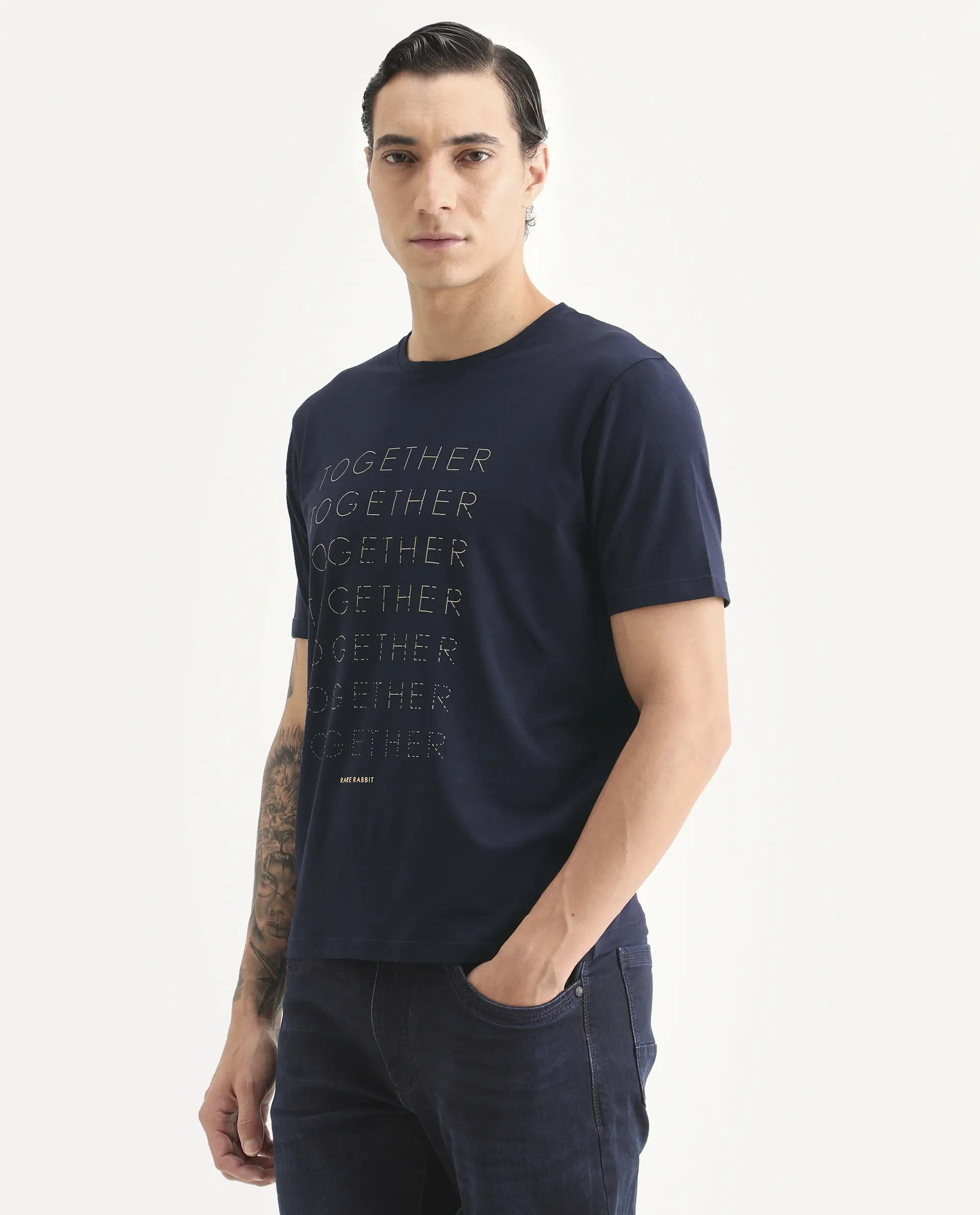 Rare Rabbit Men's Together-S26 Navy Cotton Blend Fabric Half Sleeve Crew Neck Regular Fit Graphic Print T-Shirt - Image 5