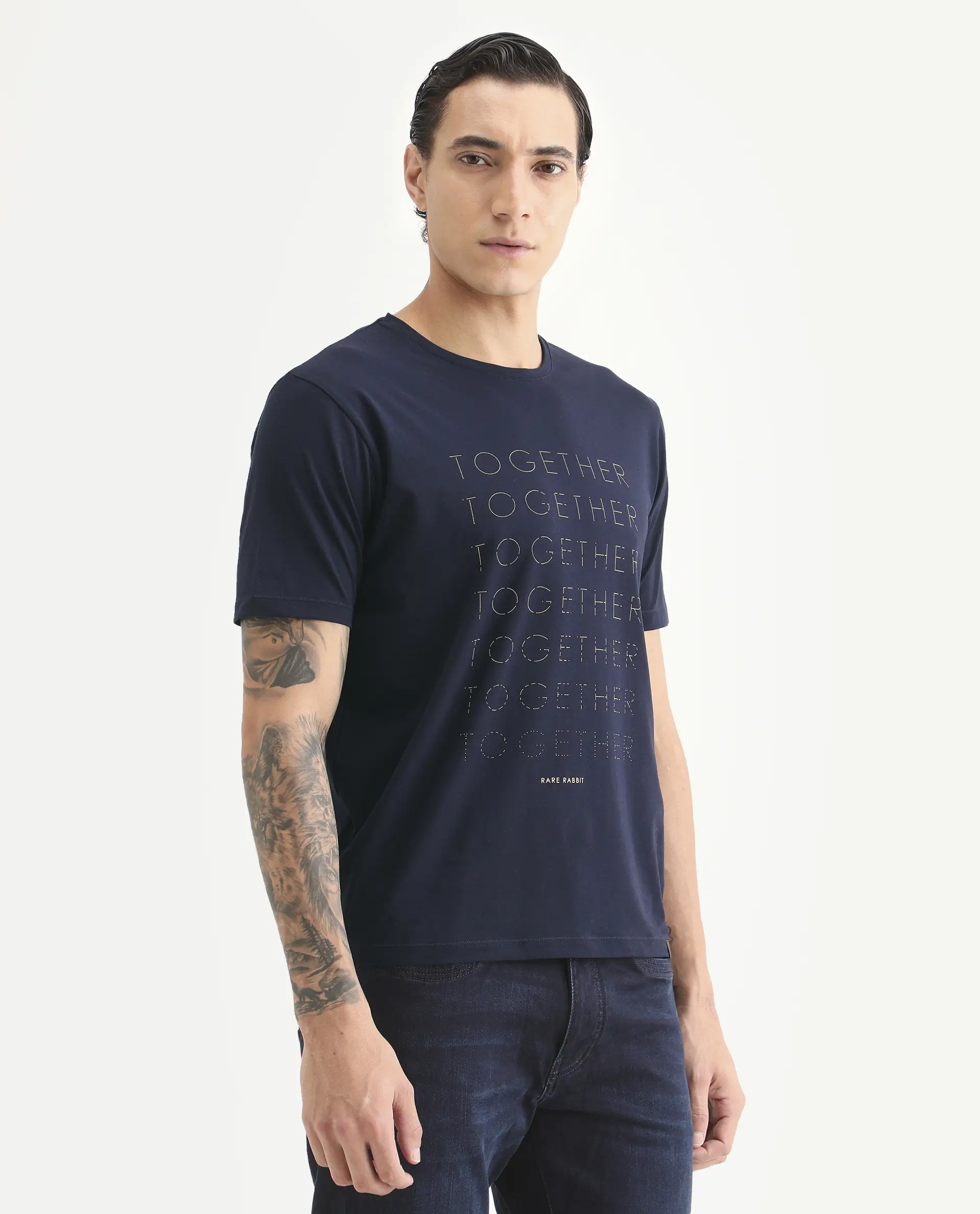 Rare Rabbit Men's Together-S26 Navy Cotton Blend Fabric Half Sleeve Crew Neck Regular Fit Graphic Print T-Shirt - Image 6