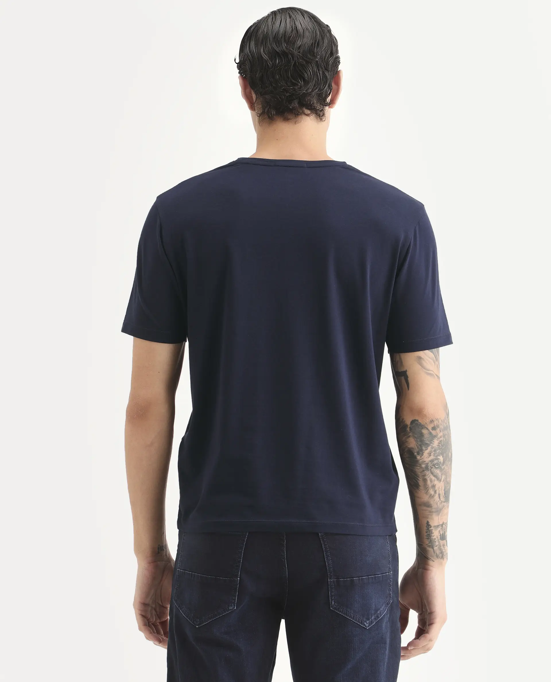 Rare Rabbit Men's Together-S26 Navy Cotton Blend Fabric Half Sleeve Crew Neck Regular Fit Graphic Print T-Shirt - Image 7