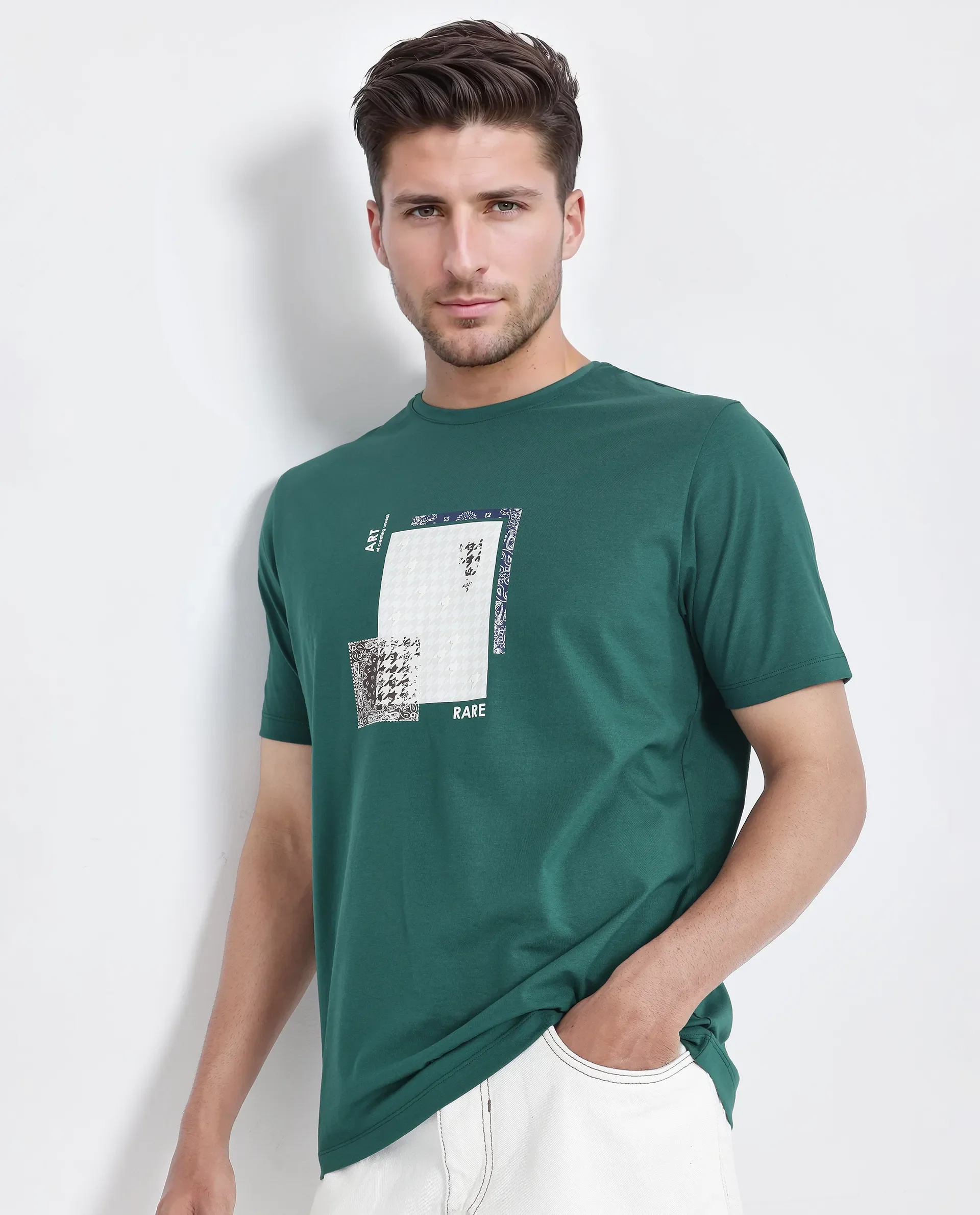 Rare Rabbit Men's Toid Dark Green Cotton Blend Graphic Print Regular Fit Half Sleeve Crew Neck T-Shirt