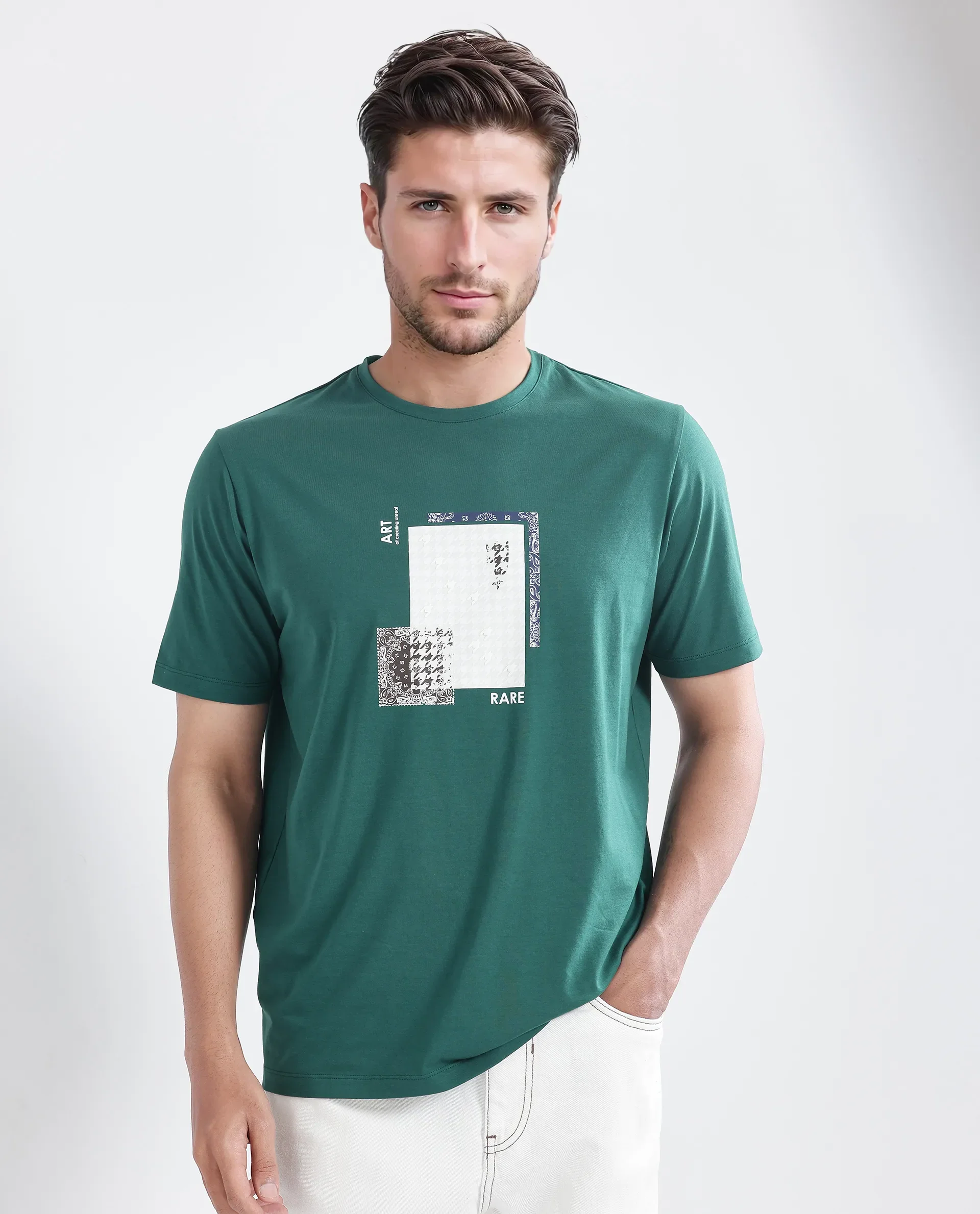 Rare Rabbit Men's Toid Dark Green Cotton Blend Graphic Print Regular Fit Half Sleeve Crew Neck T-Shirt - Image 2