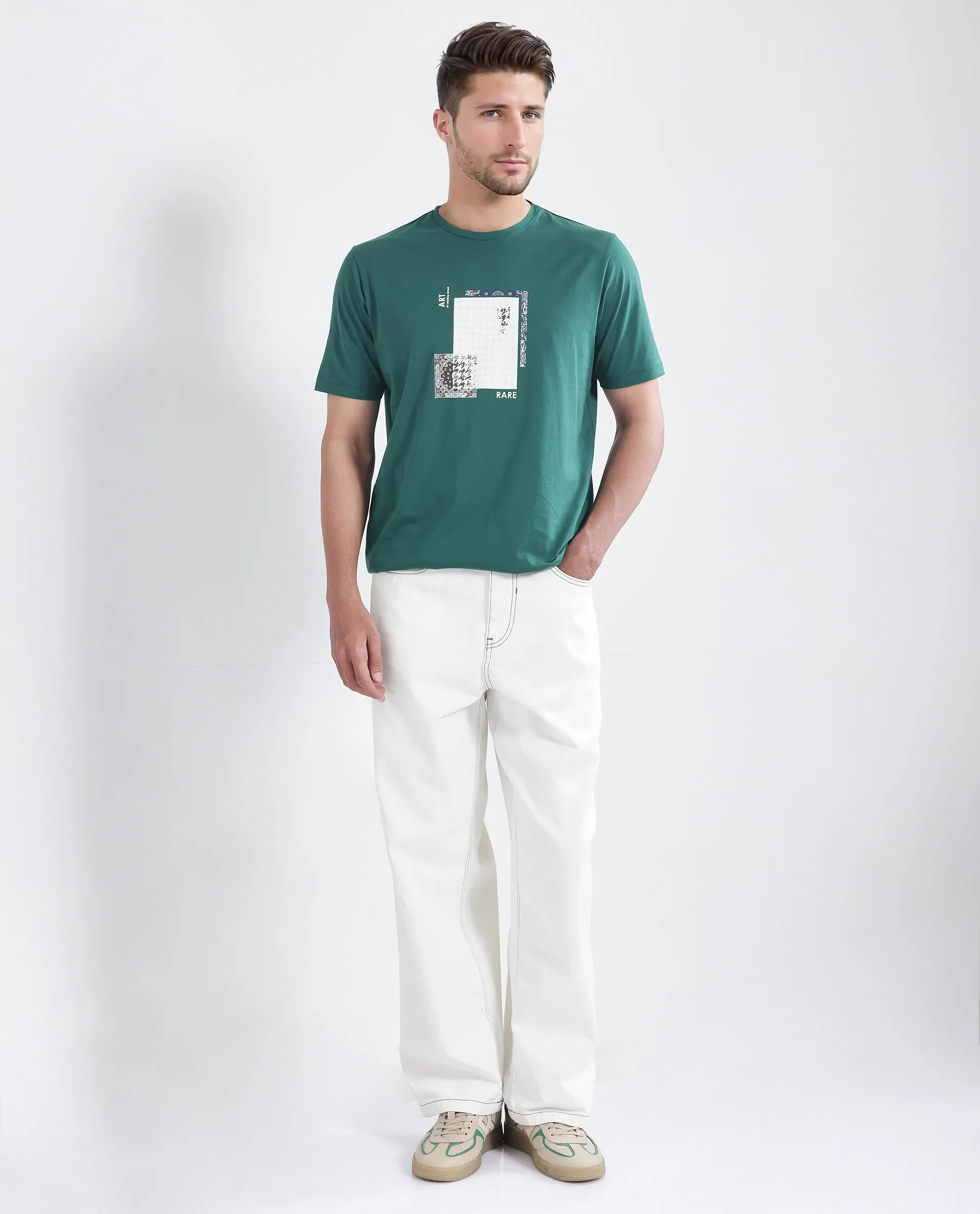 Rare Rabbit Men's Toid Dark Green Cotton Blend Graphic Print Regular Fit Half Sleeve Crew Neck T-Shirt - Image 3