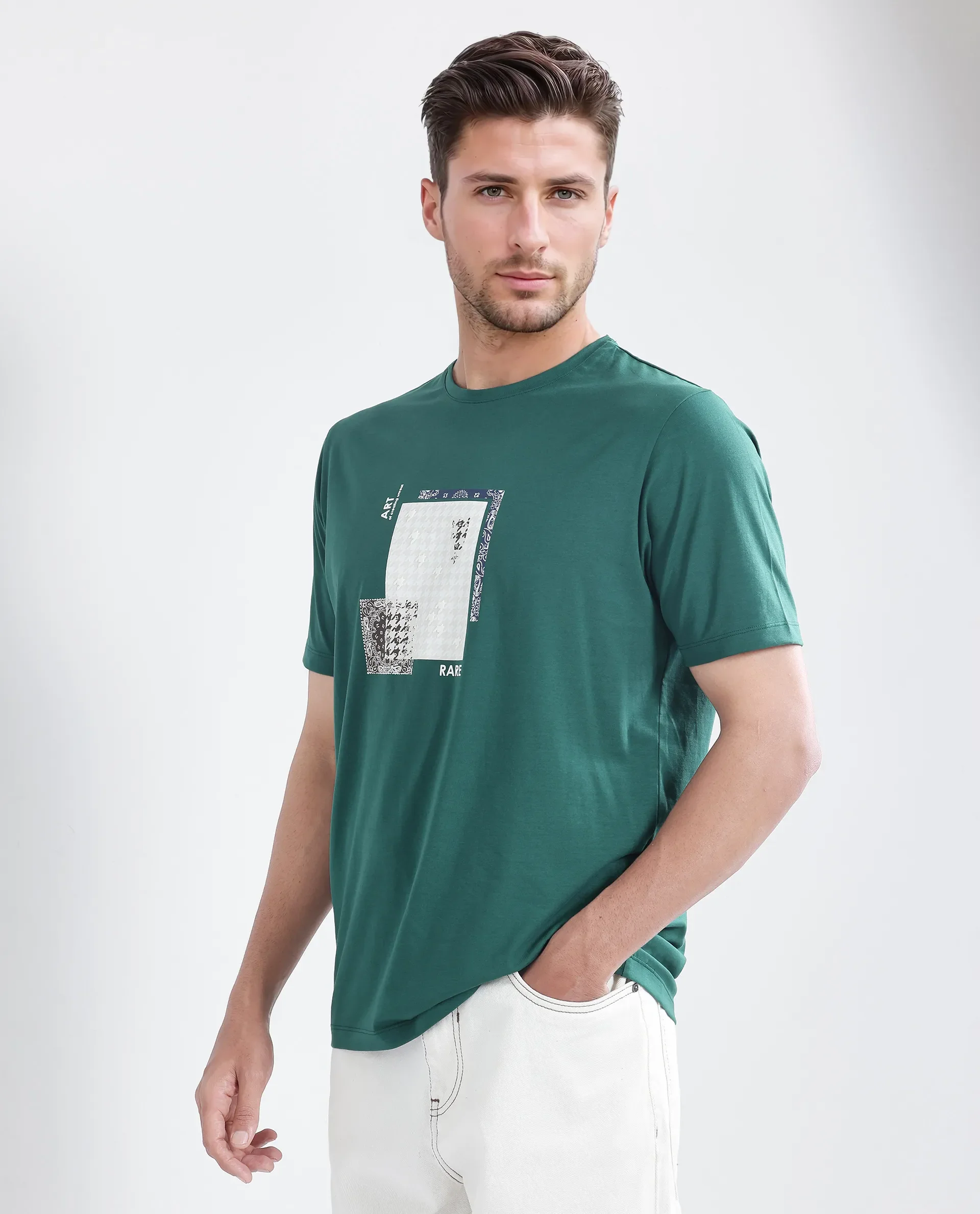 Rare Rabbit Men's Toid Dark Green Cotton Blend Graphic Print Regular Fit Half Sleeve Crew Neck T-Shirt - Image 6