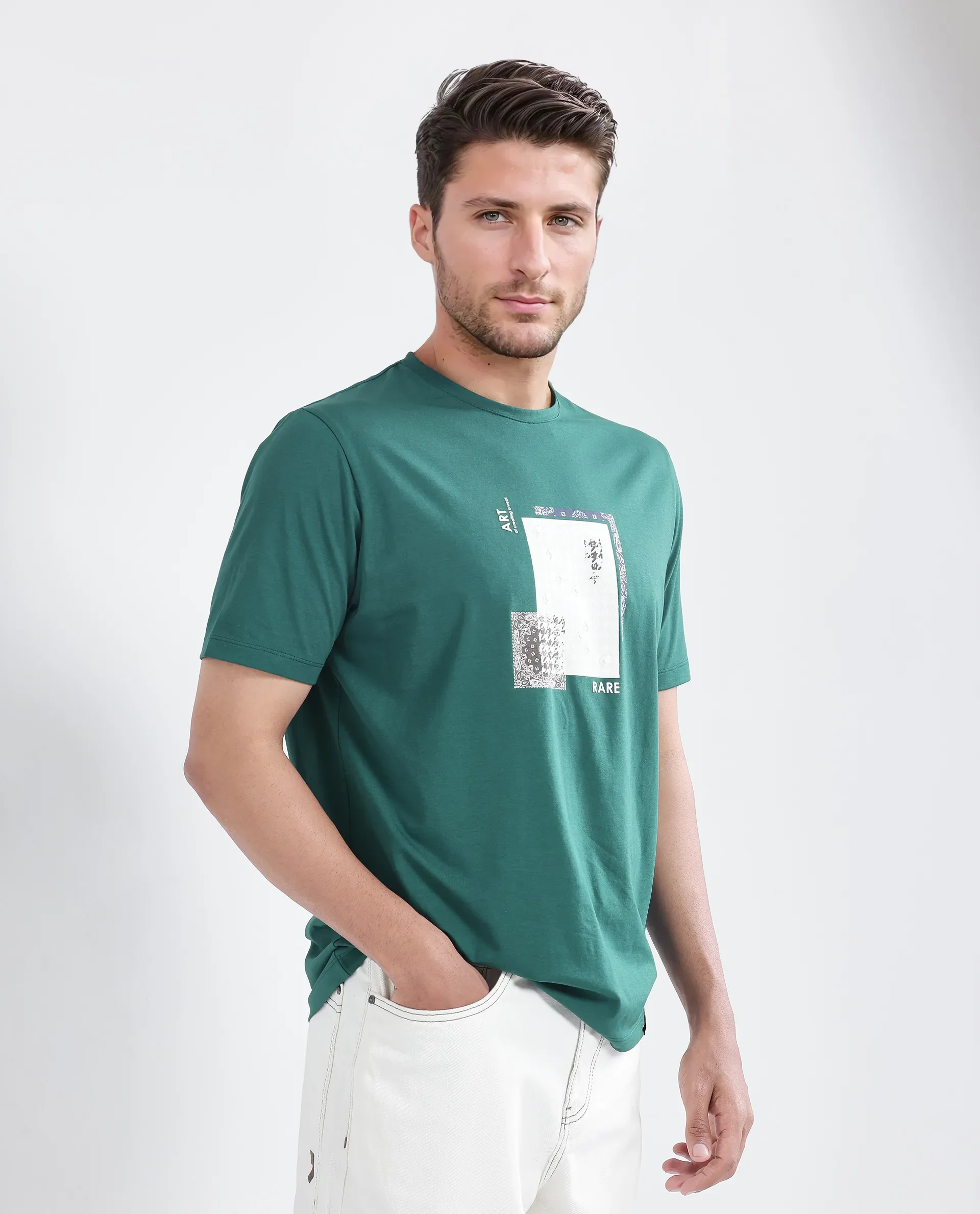 Rare Rabbit Men's Toid Dark Green Cotton Blend Graphic Print Regular Fit Half Sleeve Crew Neck T-Shirt - Image 7