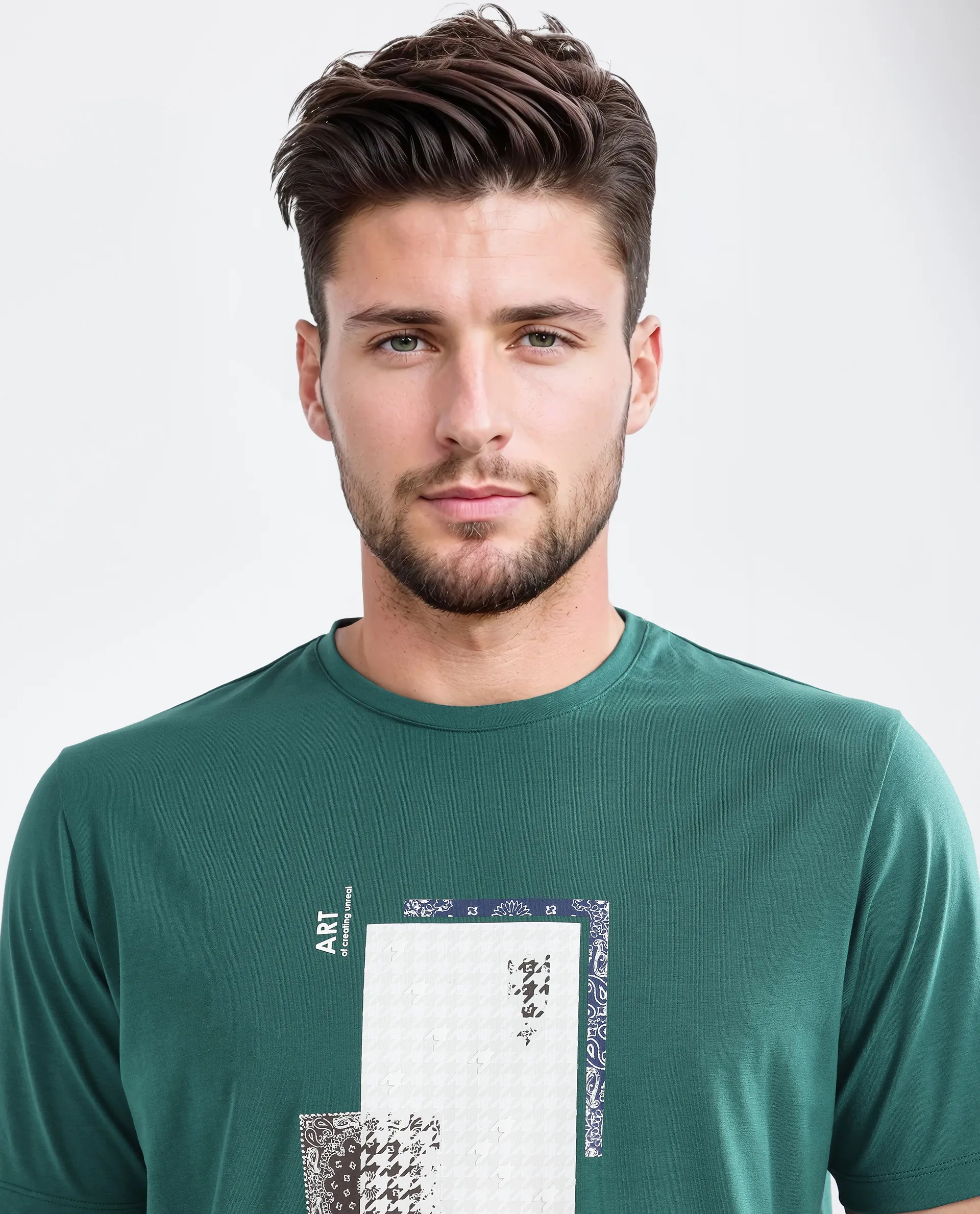 Rare Rabbit Men's Toid Dark Green Cotton Blend Graphic Print Regular Fit Half Sleeve Crew Neck T-Shirt - Image 8