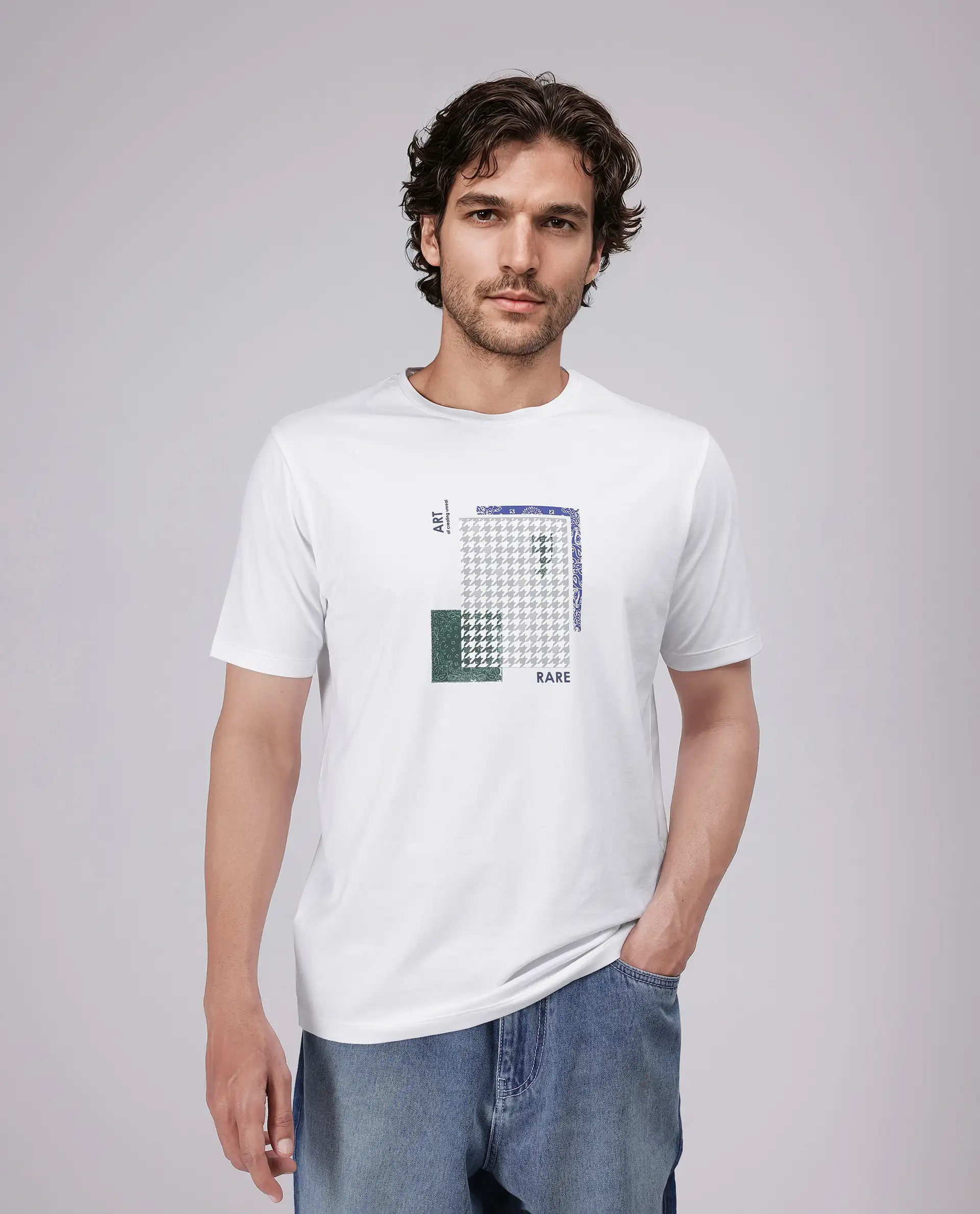 Rare Rabbit Men's Toid White Cotton Blend Graphic Print Regular Fit Half Sleeve Crew Neck T-Shirt - Image 2