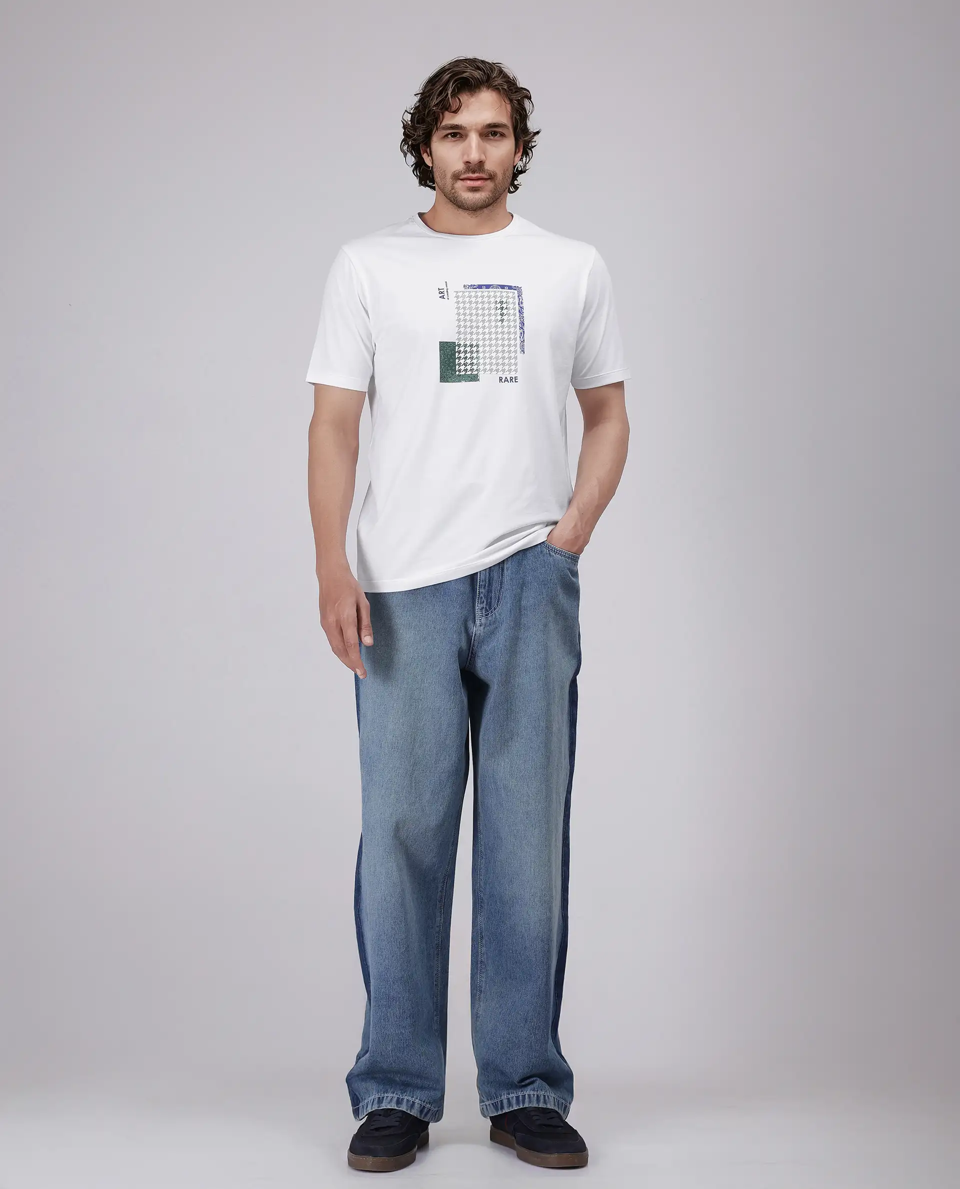 Rare Rabbit Men's Toid White Cotton Blend Graphic Print Regular Fit Half Sleeve Crew Neck T-Shirt - Image 3