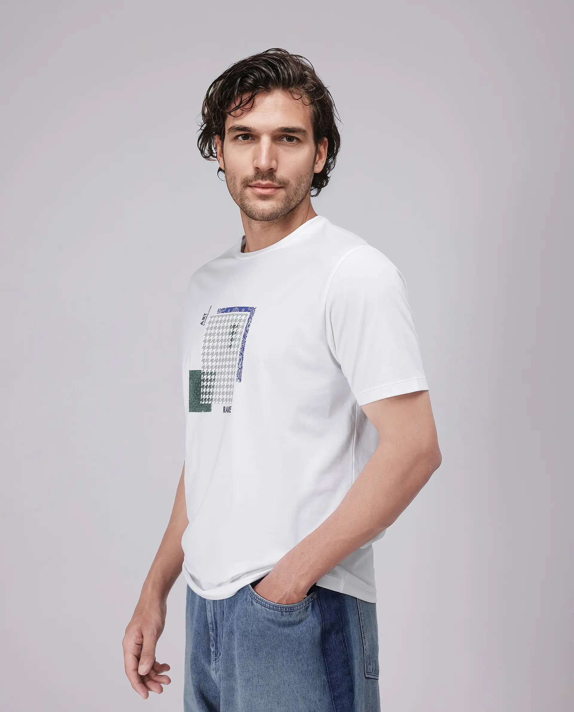 Rare Rabbit Men's Toid White Cotton Blend Graphic Print Regular Fit Half Sleeve Crew Neck T-Shirt - Image 6