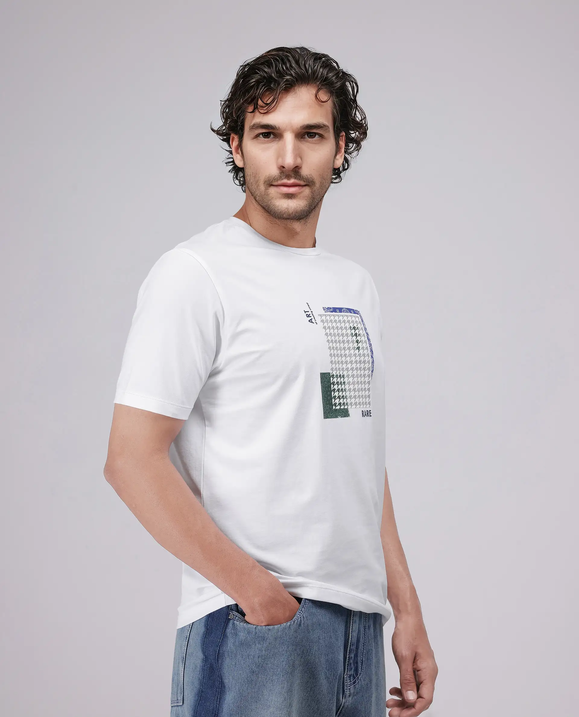 Rare Rabbit Men's Toid White Cotton Blend Graphic Print Regular Fit Half Sleeve Crew Neck T-Shirt - Image 7
