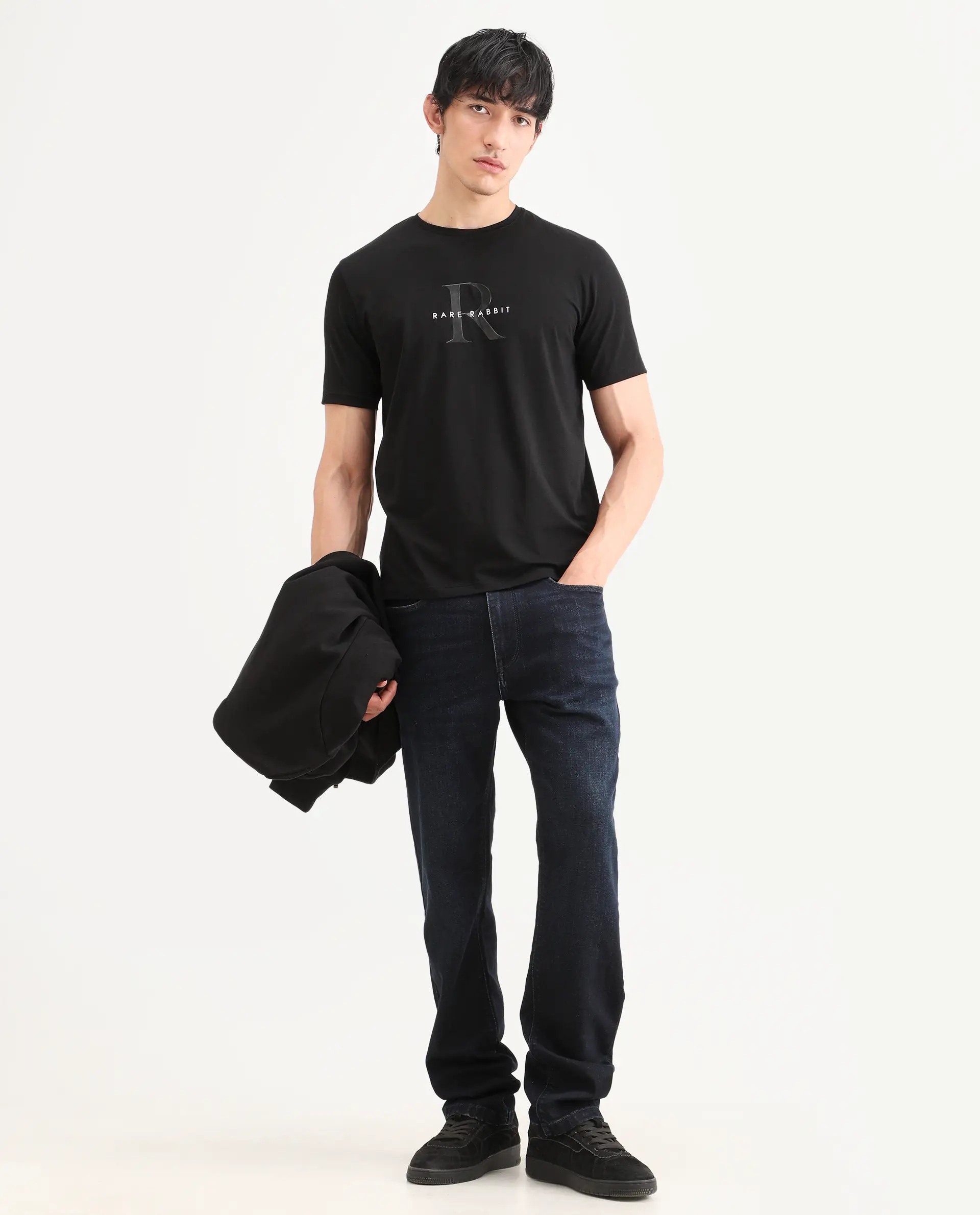 Rare Rabbit Men's Toka Black Cotton Blend Fabric Half Sleeve Crew Neck Regular Fit Graphic Print T-Shirt - Image 2