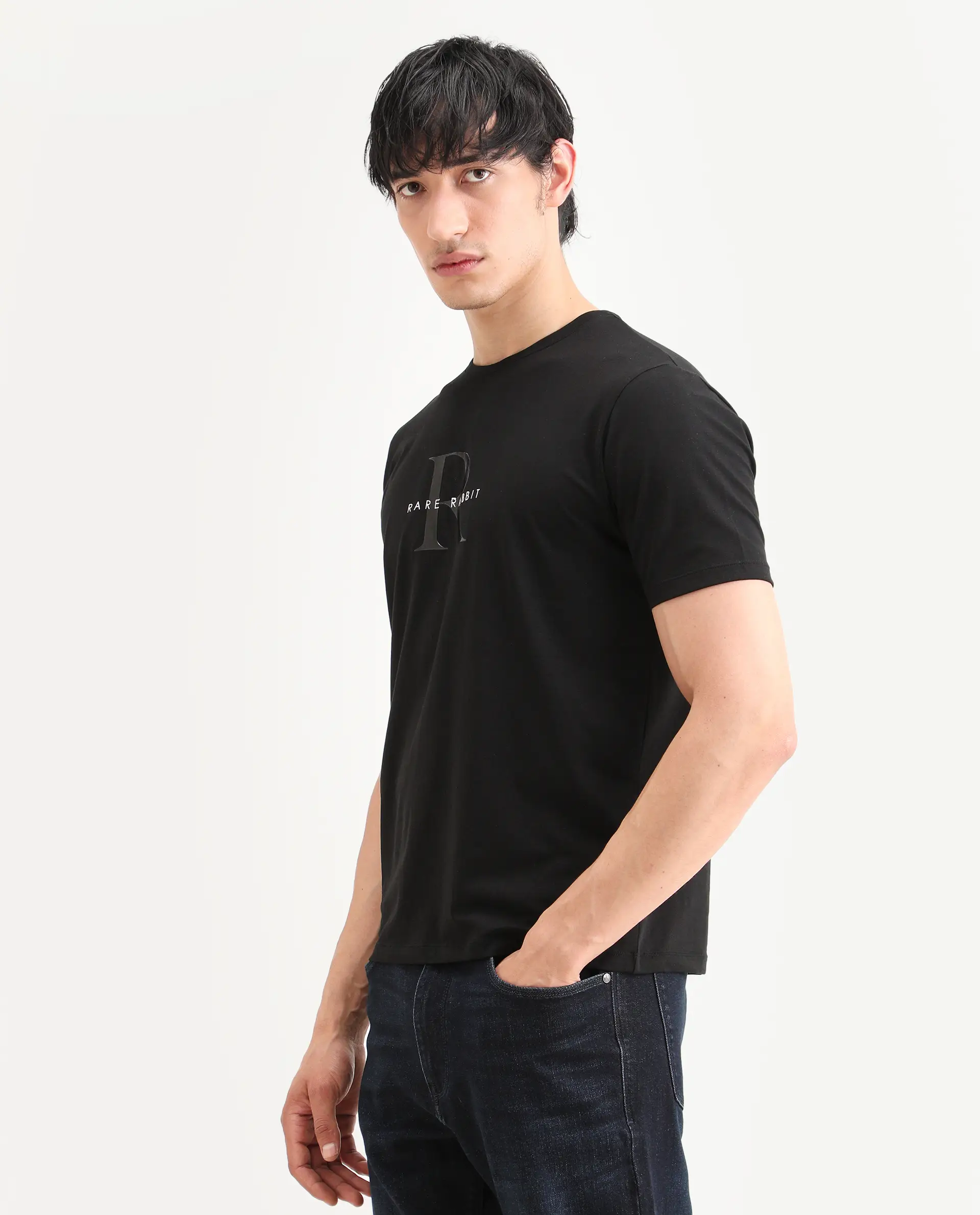 Rare Rabbit Men's Toka Black Cotton Blend Fabric Half Sleeve Crew Neck Regular Fit Graphic Print T-Shirt - Image 4