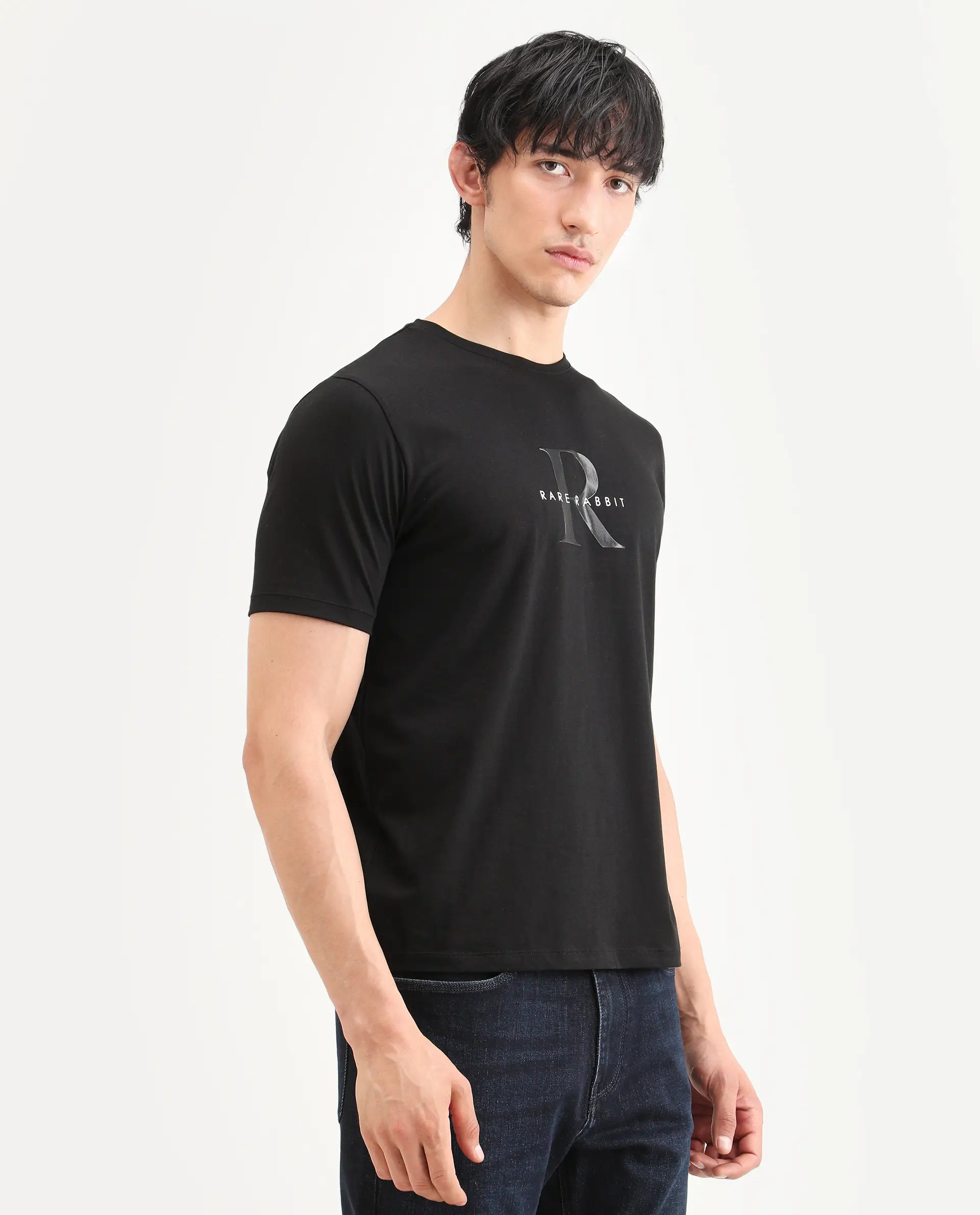 Rare Rabbit Men's Toka Black Cotton Blend Fabric Half Sleeve Crew Neck Regular Fit Graphic Print T-Shirt - Image 5